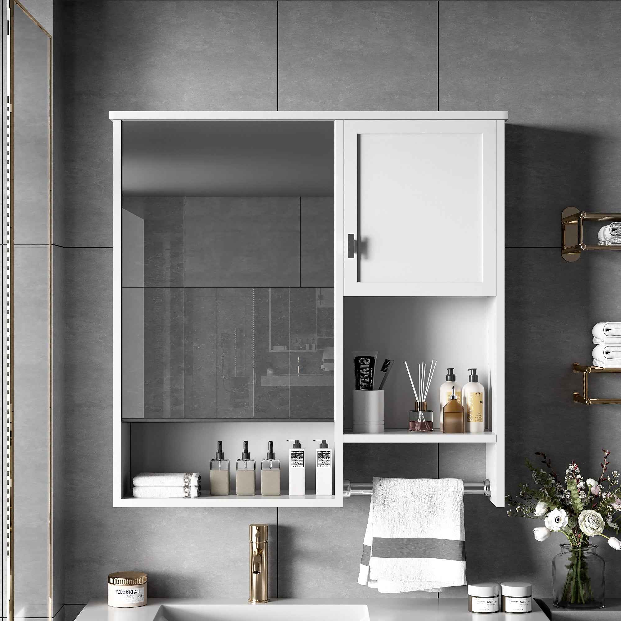 29'' x 28'' Modern Wall Mounted Bathroom Medicine Cabinet, Bathroom Wall Storage Cabinet with Mirror, Over the Toilet Space Saver Cabinet with Towels Bar