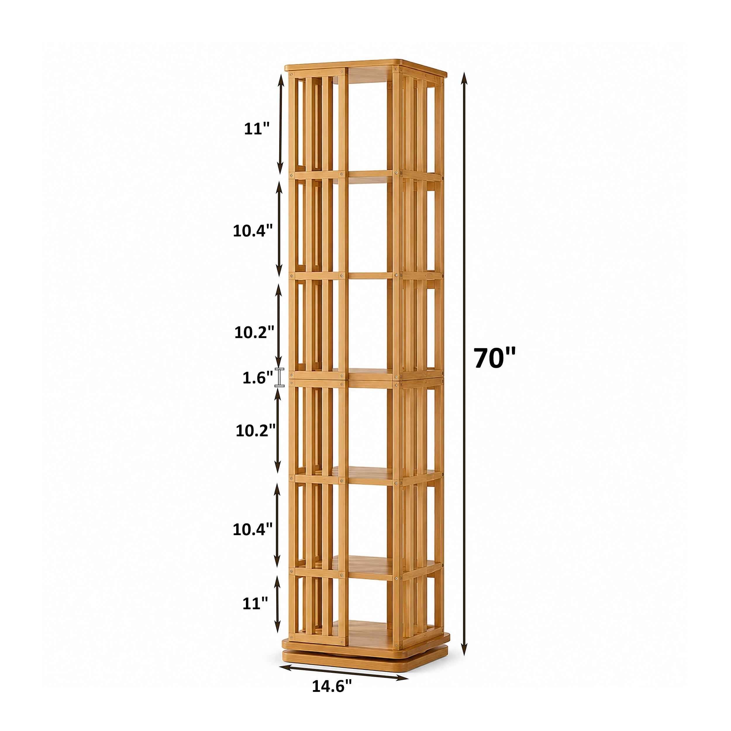 Rotating Bookshelf Tower, 360° Display Spinning Bookcase, 6 Tier Bamboo Bookshelf Floor Standing Storage Rack, Wood Narrow Book Shelf Organizer for Kids Adults (BROWN)