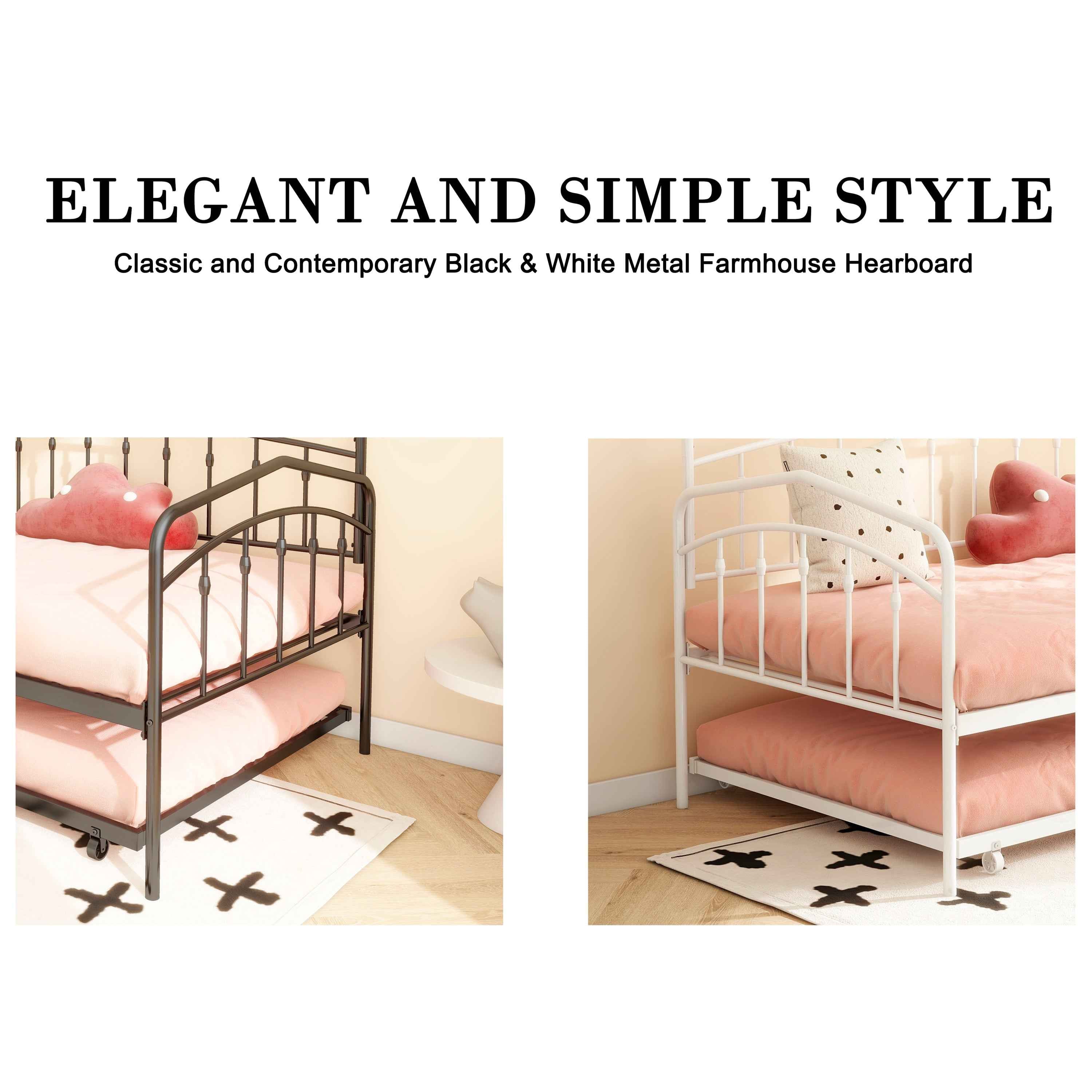 Fox Twin Metal Daybed with Trundle Bed Frame Set, Easy Assembly, Space Saving, Heavy Duty Metal Slat Support, Sofa Bed for Living Room, Bedroom, Guest Room, Kids Room, White