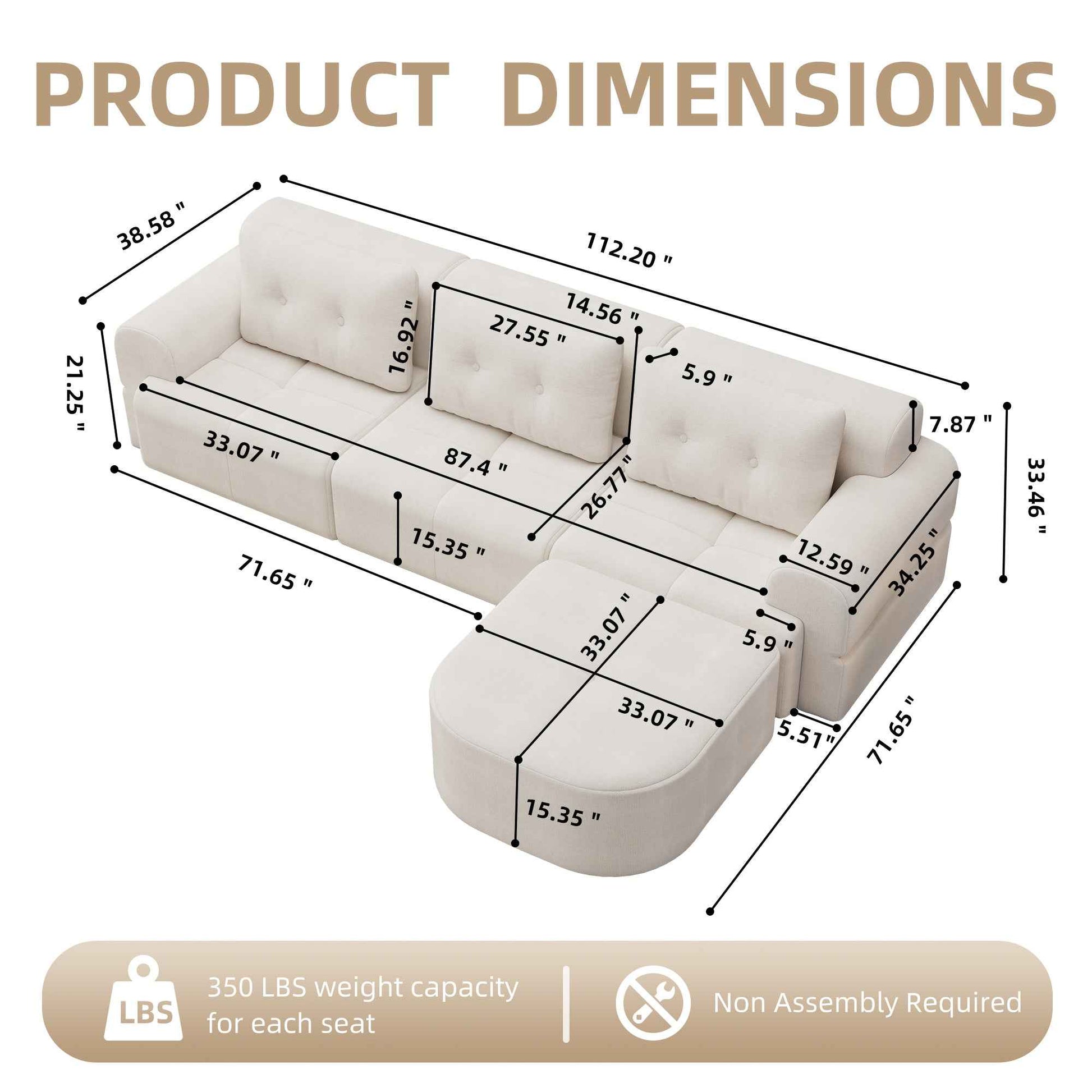 Modular Sectional Sofa Couch with Chaise, Full-Foam Structure, Compression Packaging Design, Woven Texture Upholstery, Oversized Modern Sofa for Living Room