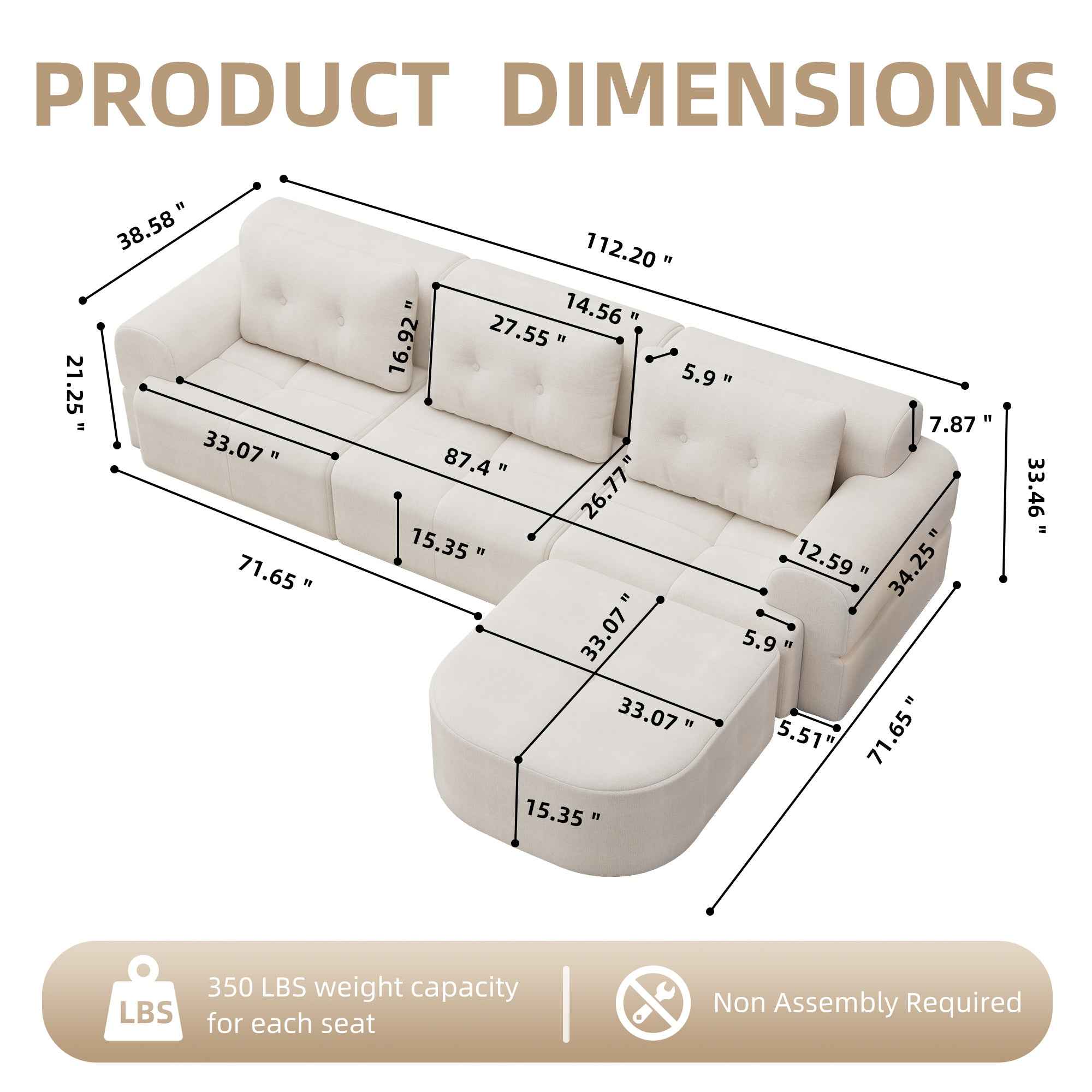 Modular Sectional Sofa Couch with Chaise, Full-Foam Structure, Compression Packaging Design, Woven Texture Upholstery, Oversized Modern Sofa for Living Room