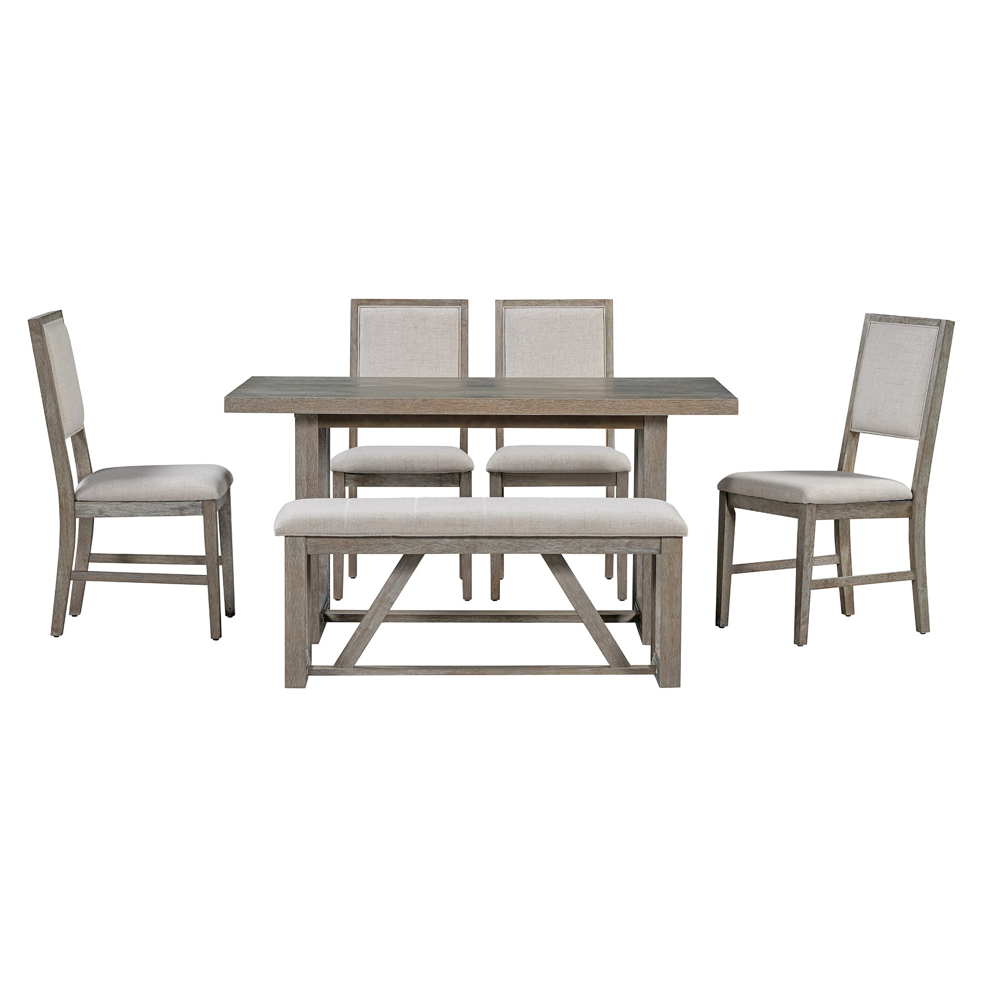 TREXM 6-Piece Retro Dining Set, 1 Rectangular Table with Designed Trestle Base and 4 Upholstered Chairs and 1 Bench for Dining Room and Kitchen (Gray)