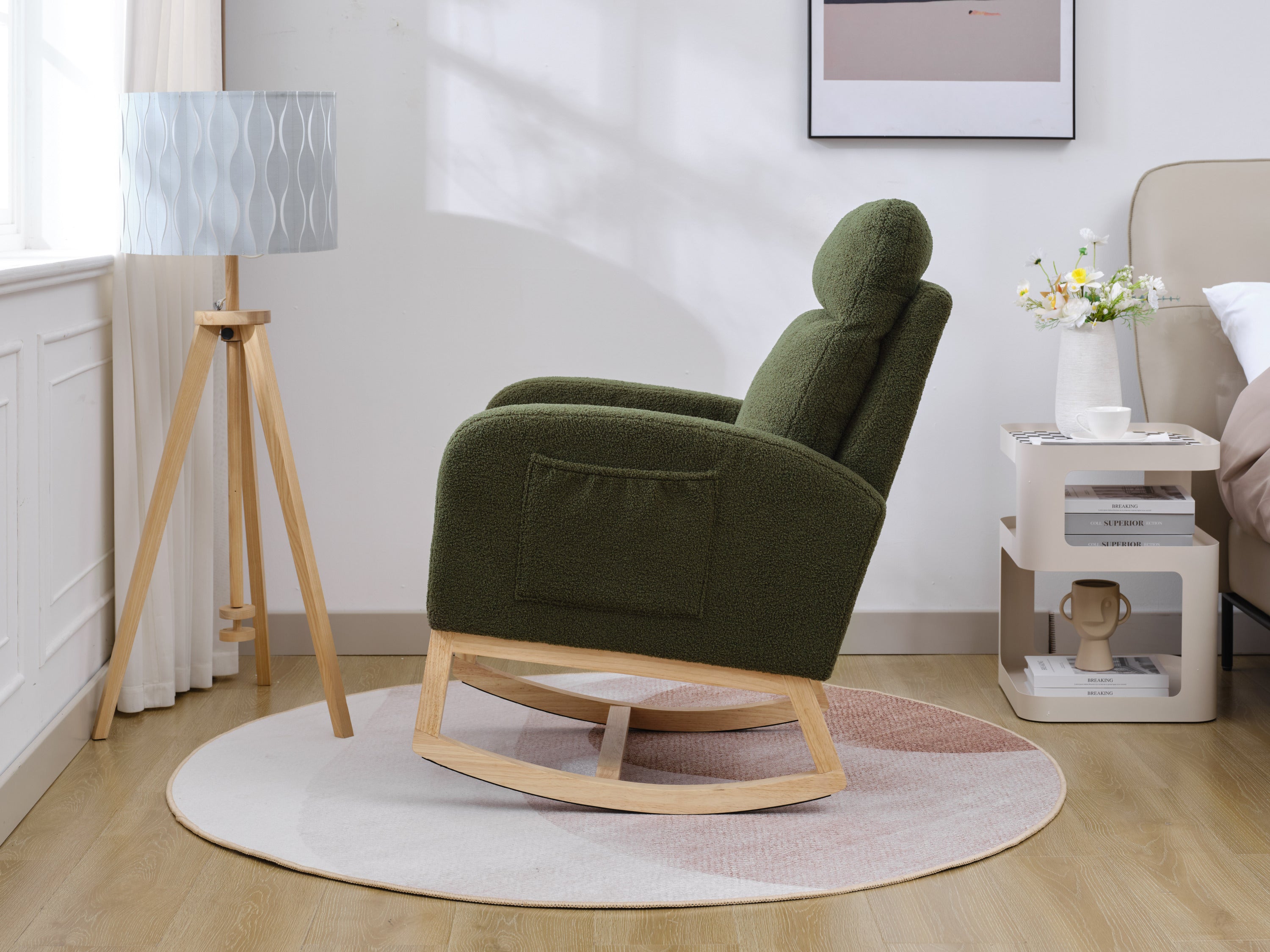 Modern Accent Rocking Chair Rocking Chair with Solid Wood Legs, Upholstered Nursery Glider Rocker, Comfy Armchair with Side Pocket, Living Room Lounge Arm Chair with High Backrest (Dark green,teddy)