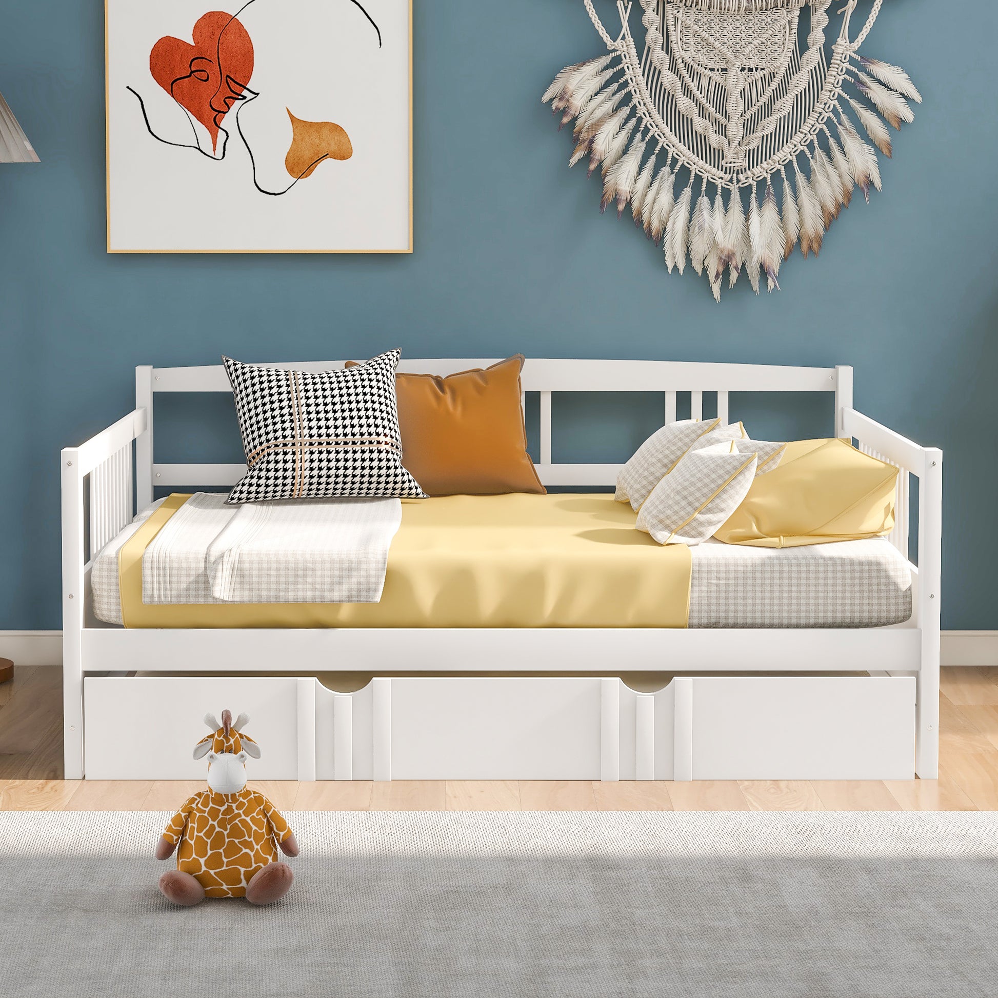 Full Size Daybed Wood Bed with Twin Size Trundle,White - Abrihome