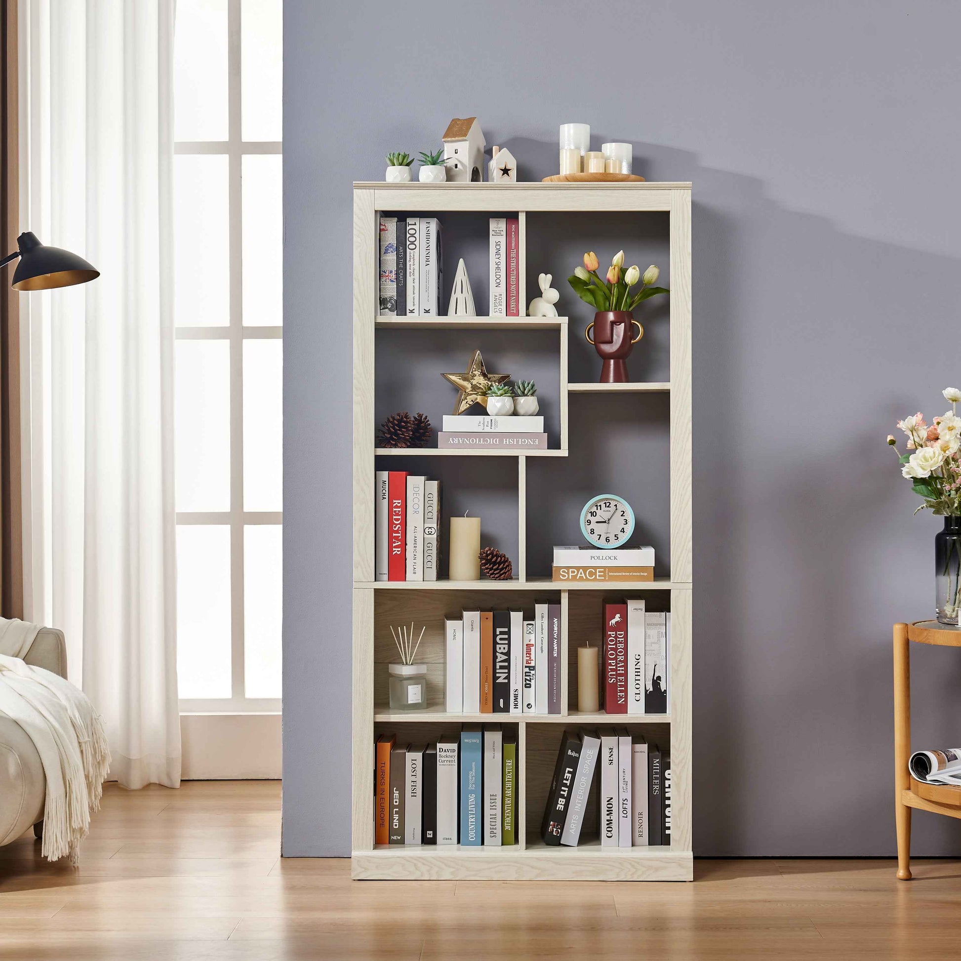 Free Combination Wood Open Bookshelf, Multi Space Display Storage Cabinet, Easy to Assemble Freestanding Bookcase with Anti-Tip Straps, Classified Storage Organizer for Living Room Bedroom Home Office