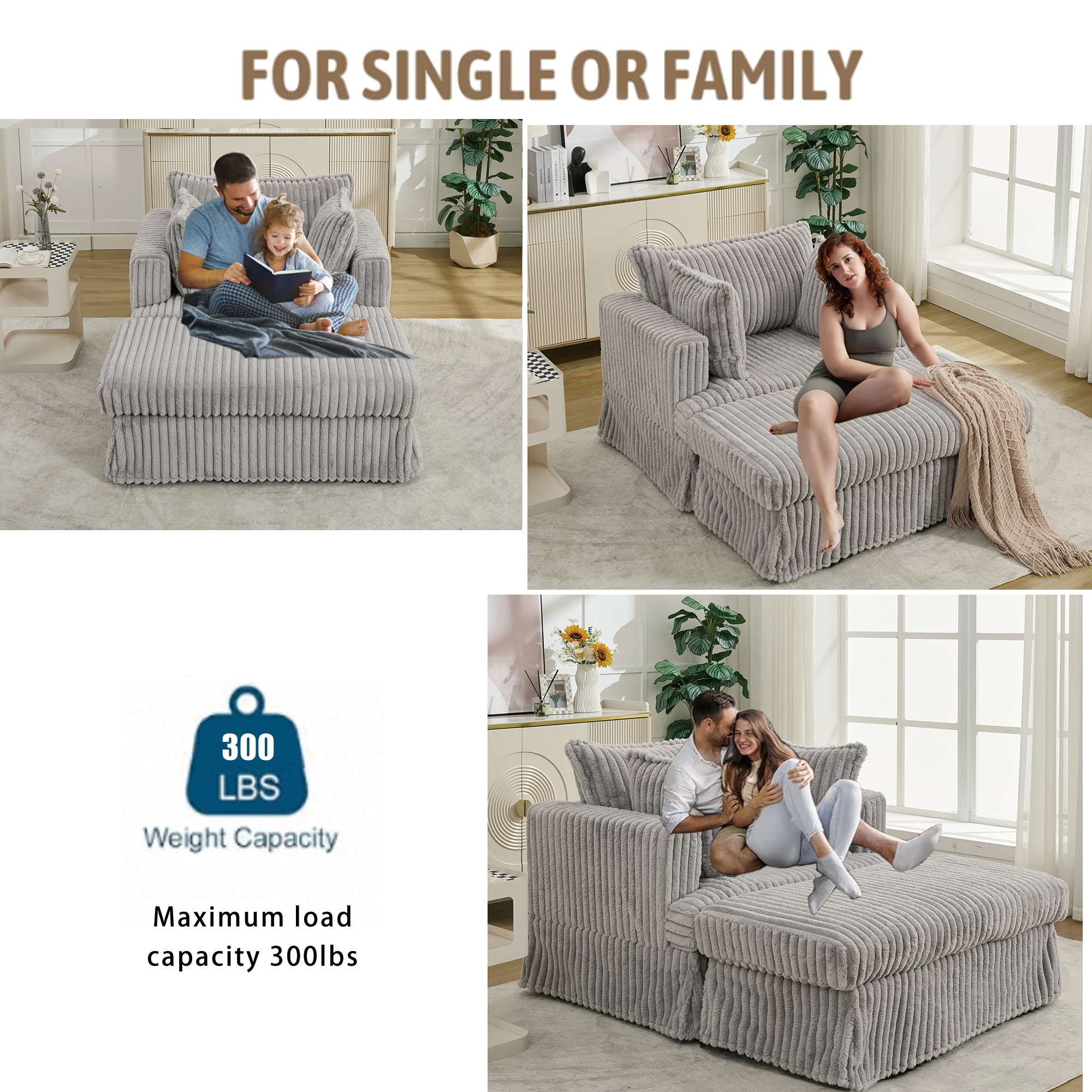 [NEW ARRIVED] 47.7'' Oversized Corduroy Chaise Longue with Ottoman,  Deep Seat  Reclining Chair Sofa, Comfy Thicked Upholstered Pad Chair ,with Foot Stool ,OVERSIZE, Movable Ottoman,Light Gray