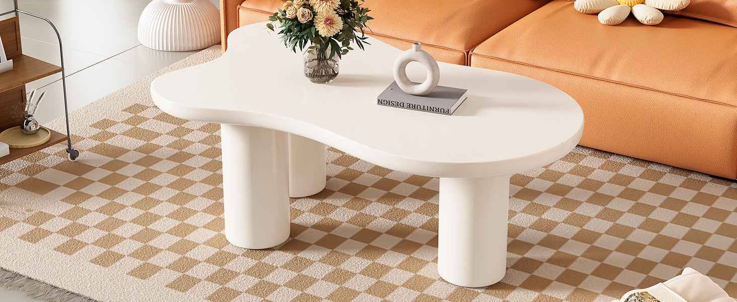 ON-TREND 44'' x 25.9'' Easy Assembly Cloud Coffee Table with 1.5'' Thick Tabletop, Cream Style Irregular End Table with 3 Sturdy Legs, Sleek Center Table with Round Edge for Living Room, White