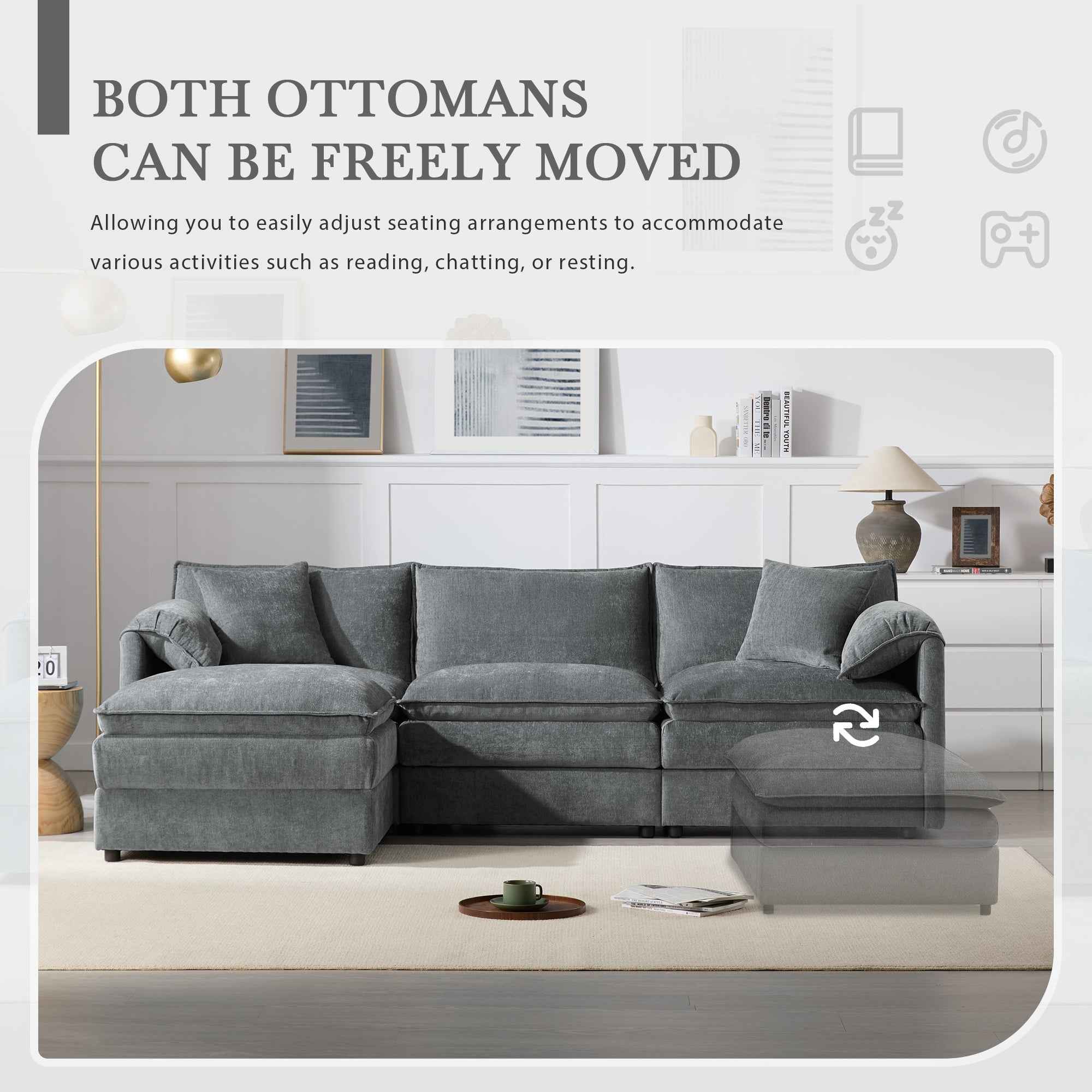 Chenille Modular Sectional Sofa with Deep and Wide Seat in Dark Gray, L Shaped Cloud Couch Set with Double Cushions, 4 Seat Sofa with Movable Ottoman