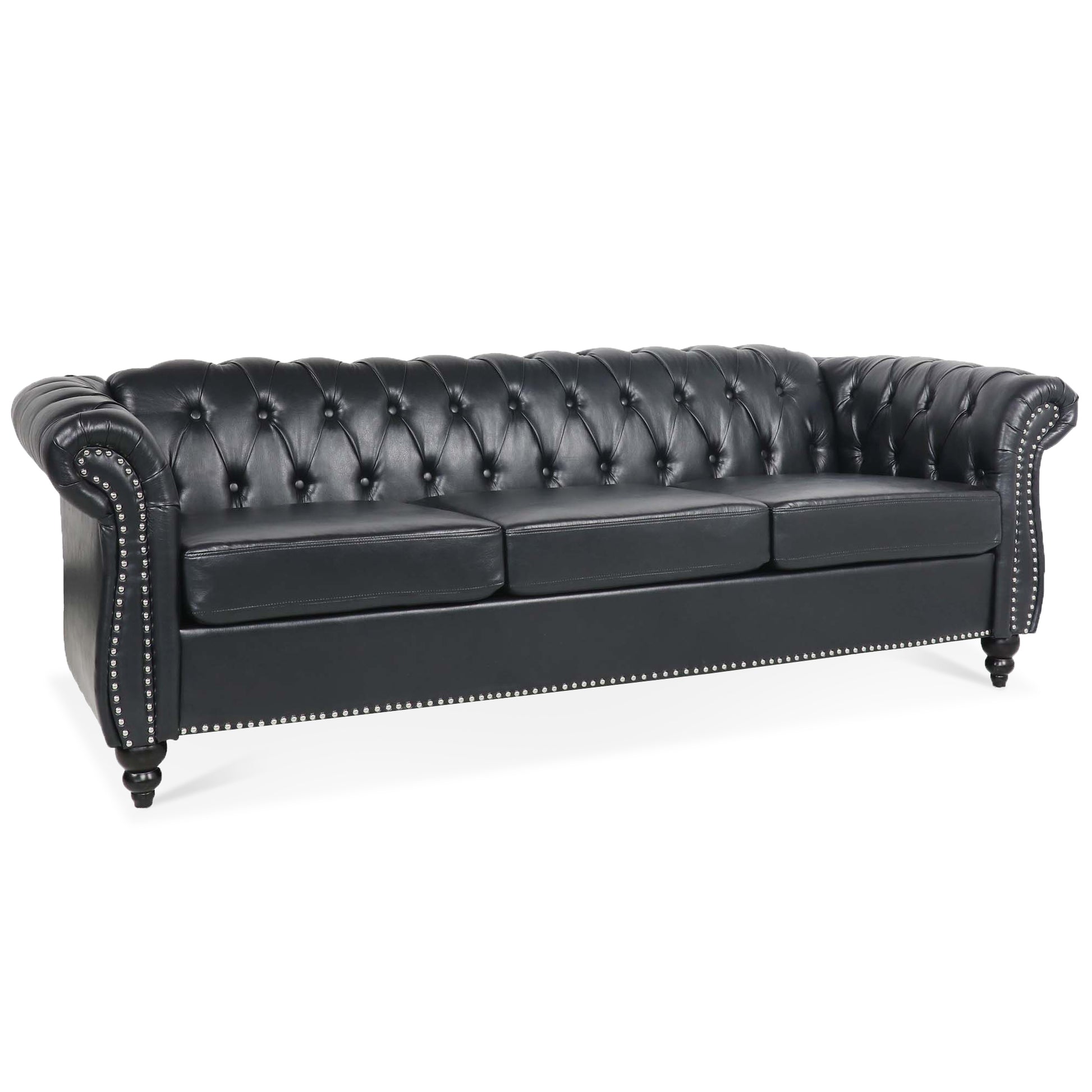 84.65" BLACK PU Rolled Arm Chesterfield Three Seater Sofa. - Abrihome
