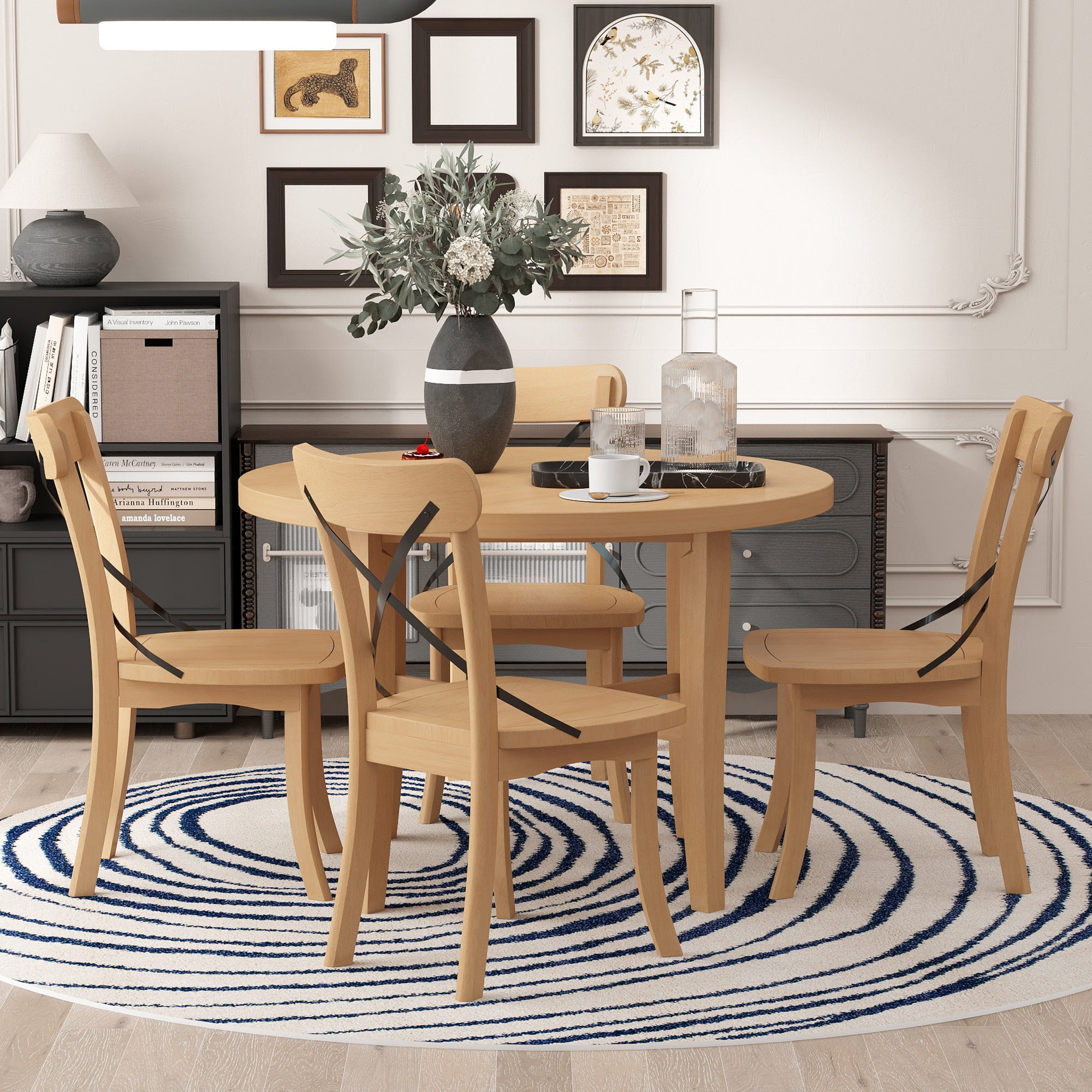 TREXM 5-piece Dining Set, Retro Simple Round Table and 4 Chairs with X-shaped Backrest for Kitchen, Dining Room and Living Room (Natural)