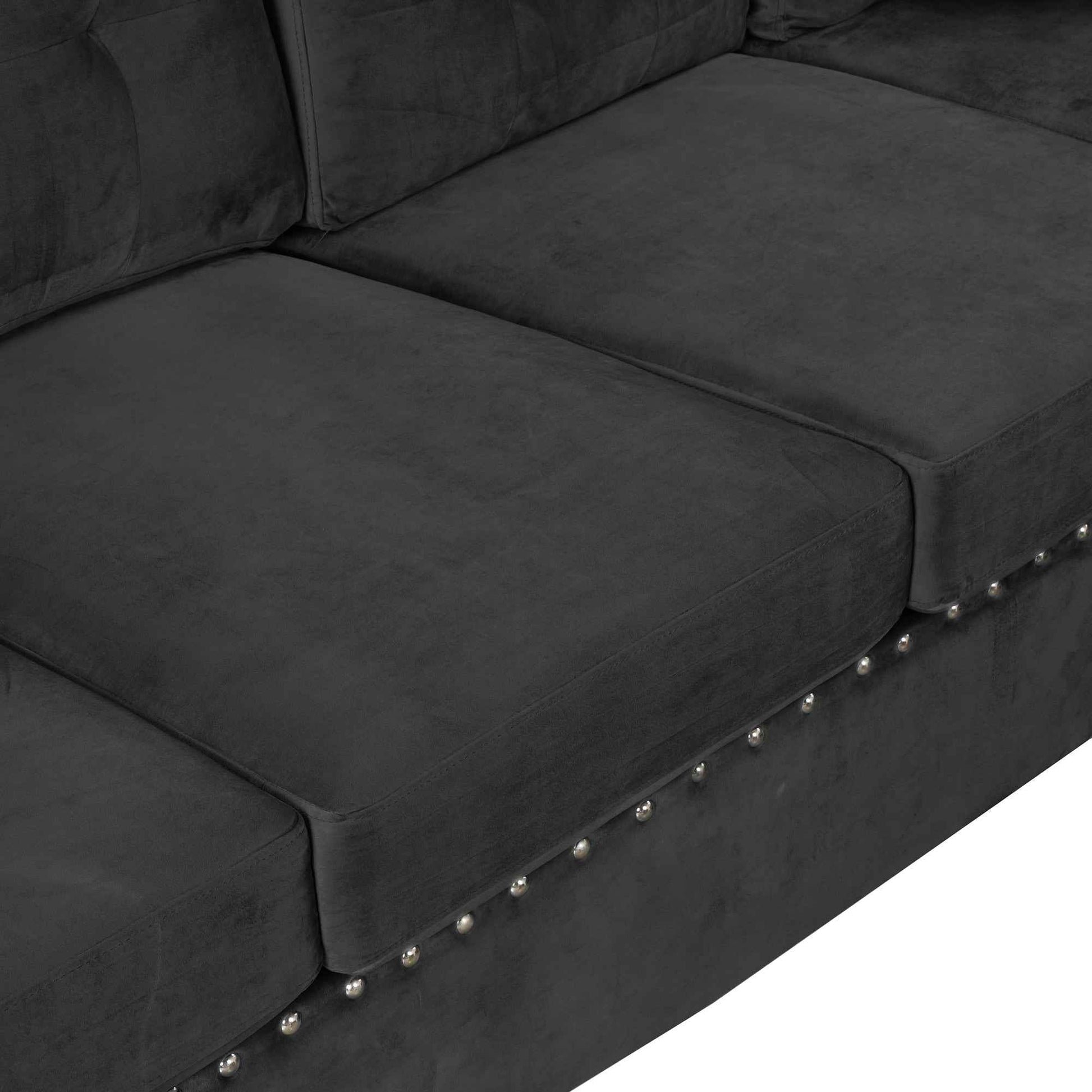 Modern Sectional Sofa with Storage Ottoman, L-Shape Couch with 2 Pillows and Cup Holders, Black Velvet, 105'
