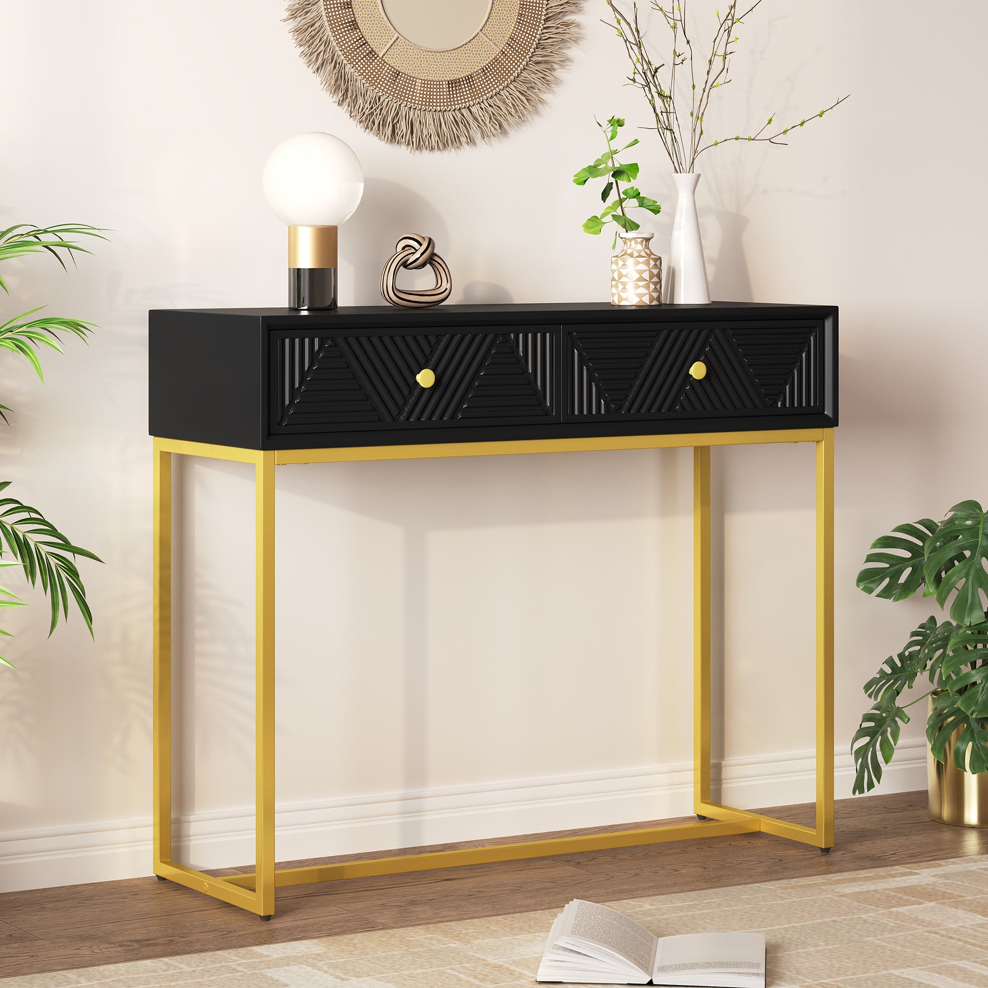 TREXM Modern Sleek Console Table Two Drawers with Stripe Design for Living Room and Entryway (Black)