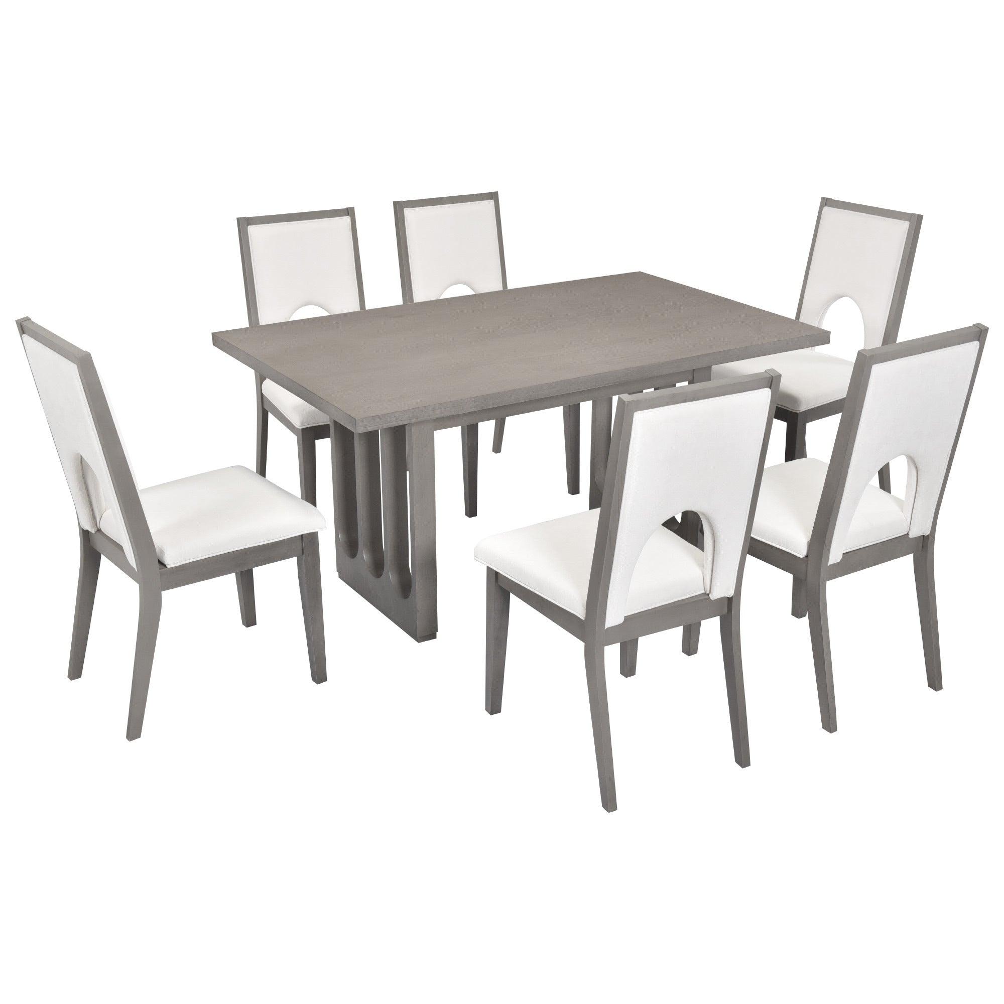 TREXM Wood Dining Table Set for 6, Farmhouse Rectangular Dining Table and 6 Upholstered Chairs Ideal for Dining Room, Kitchen (Grey+Beige)