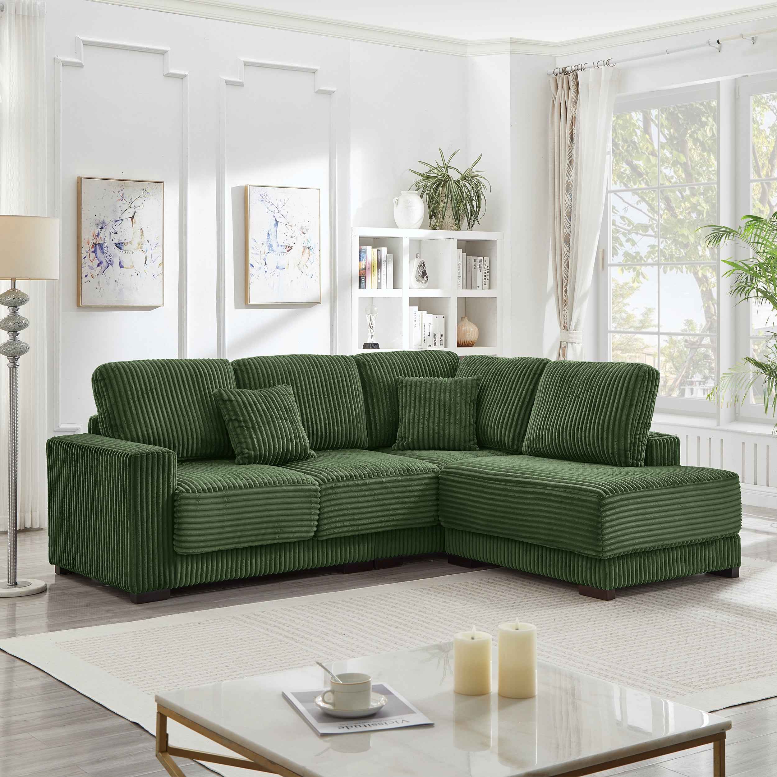 93' Sectional Sofa, L Shaped Sofa Couch with Reversible Chaise Lounge, Upholstered Soft Corduroy Couch for Living Room, Apartment (Green)