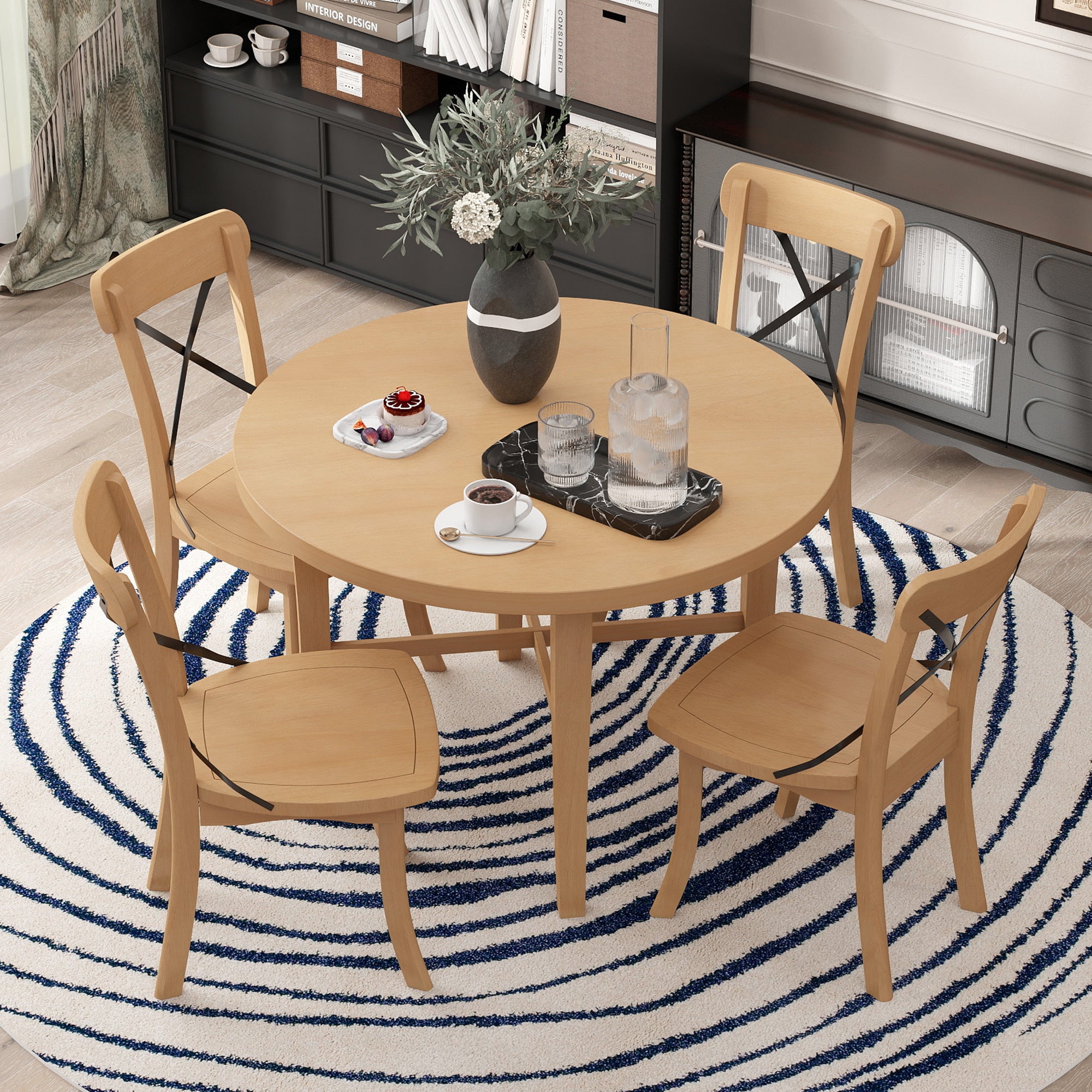 TREXM 5-piece Dining Set, Retro Simple Round Table and 4 Chairs with X-shaped Backrest for Kitchen, Dining Room and Living Room (Natural)