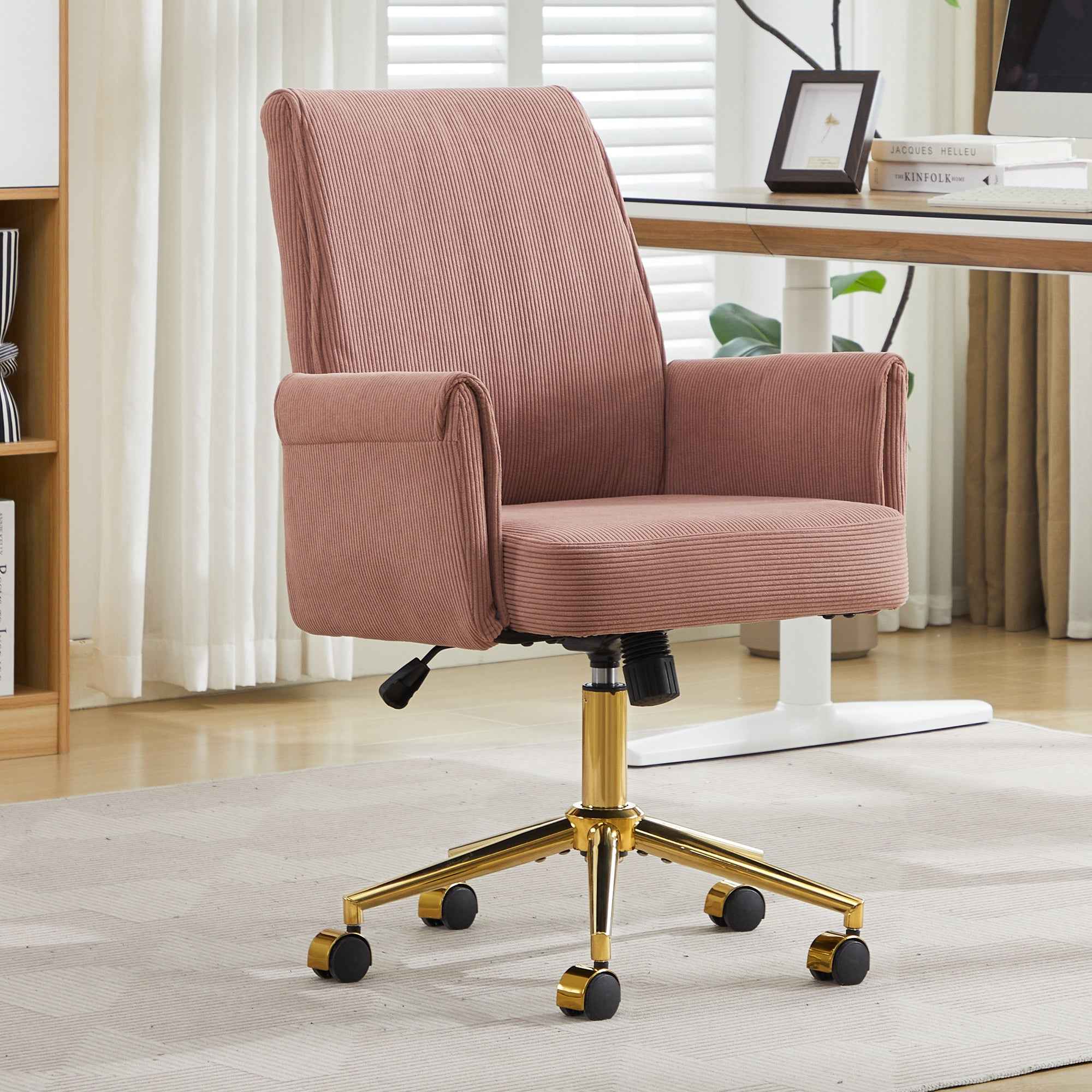 Ergonomic Mid-back Office Chair with Striped Velvet Fabric, Light Pink, Gold Metal Base, 25.2 x 24.0 x 41.9 Inches