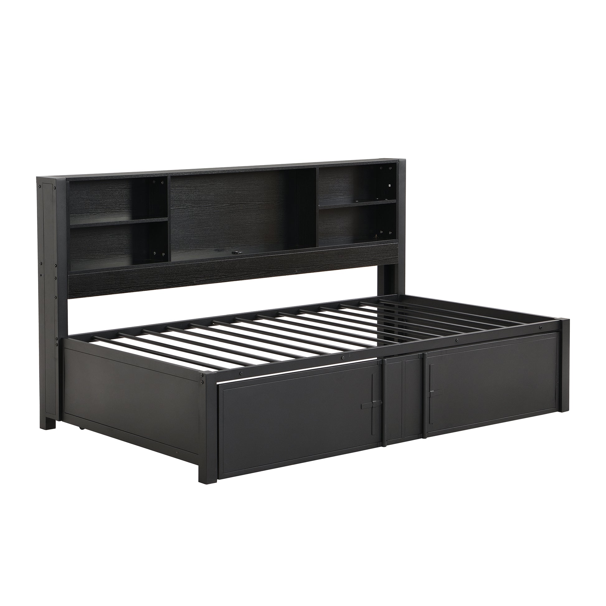 Metal Twin Size Daybed with Twin Size Trundle, Storage Shelves and USB Ports, Black - Abrihome