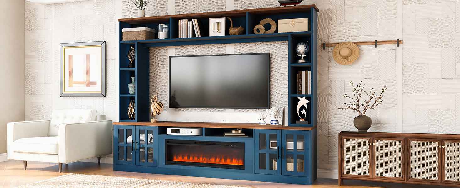 U-Can 95.5' W Wall Unit Entertainment Center with Bookshelves for TVs up to 80', Modern TV Stand Media Console with electric fireplace  Cabinets,  and Adjustable Shelves for Living Room