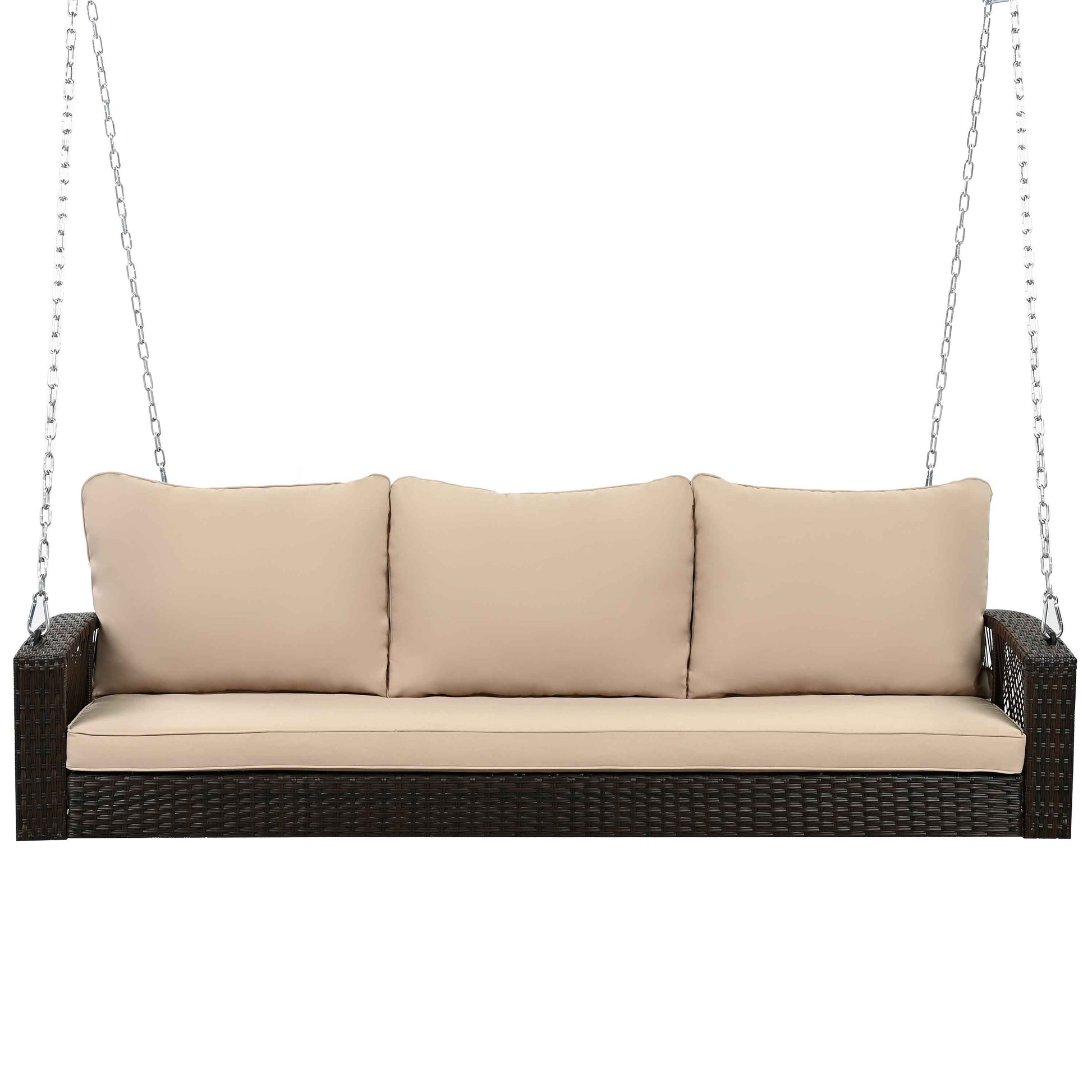 GO 69' PE Wicker 3-Person Porch Swing with Chains, Large Patio Swing Bench with Cushions for Backyard, Garden, and Poolside, Brown