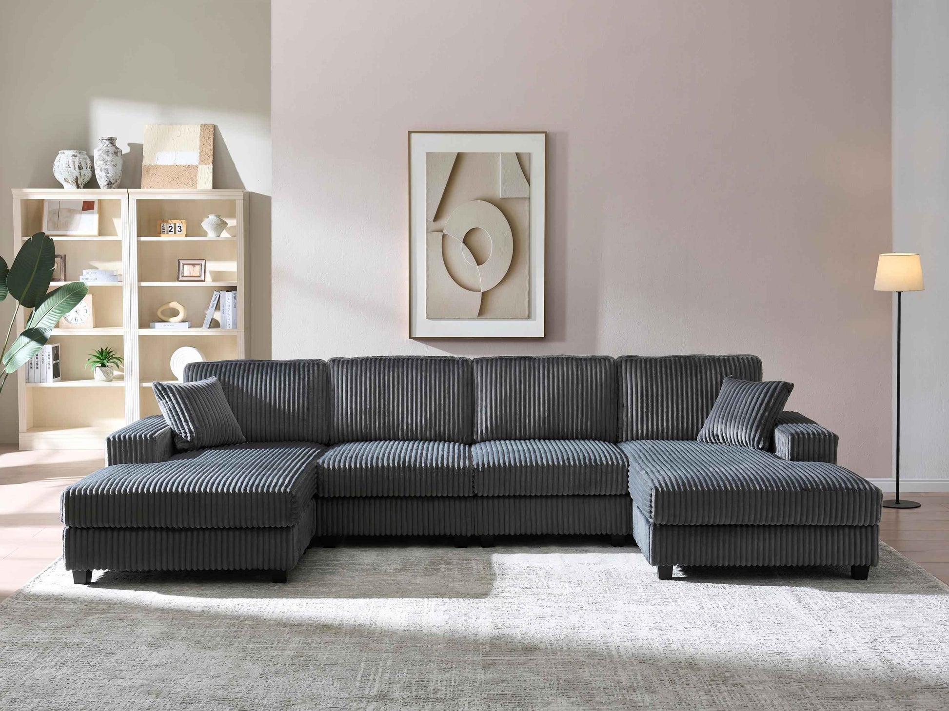 Convertible U-shaped Combination Sofa, Corduroy Fabric, Modern Comfortable Large Size 4 Seat Sofa, Living Room Double Lounge Chair , Dark Grey