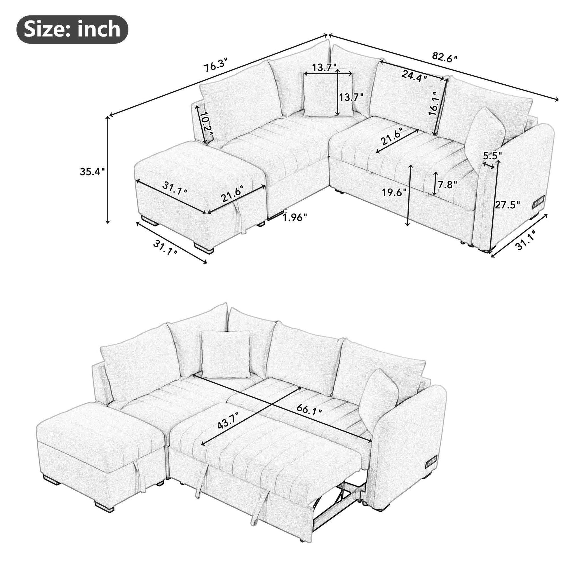 Modern L-shaped Sectional Pull Out Sofa Bed with USB Ports & Storage Ottoman, Gray Jacquard Fabric, 82.6'