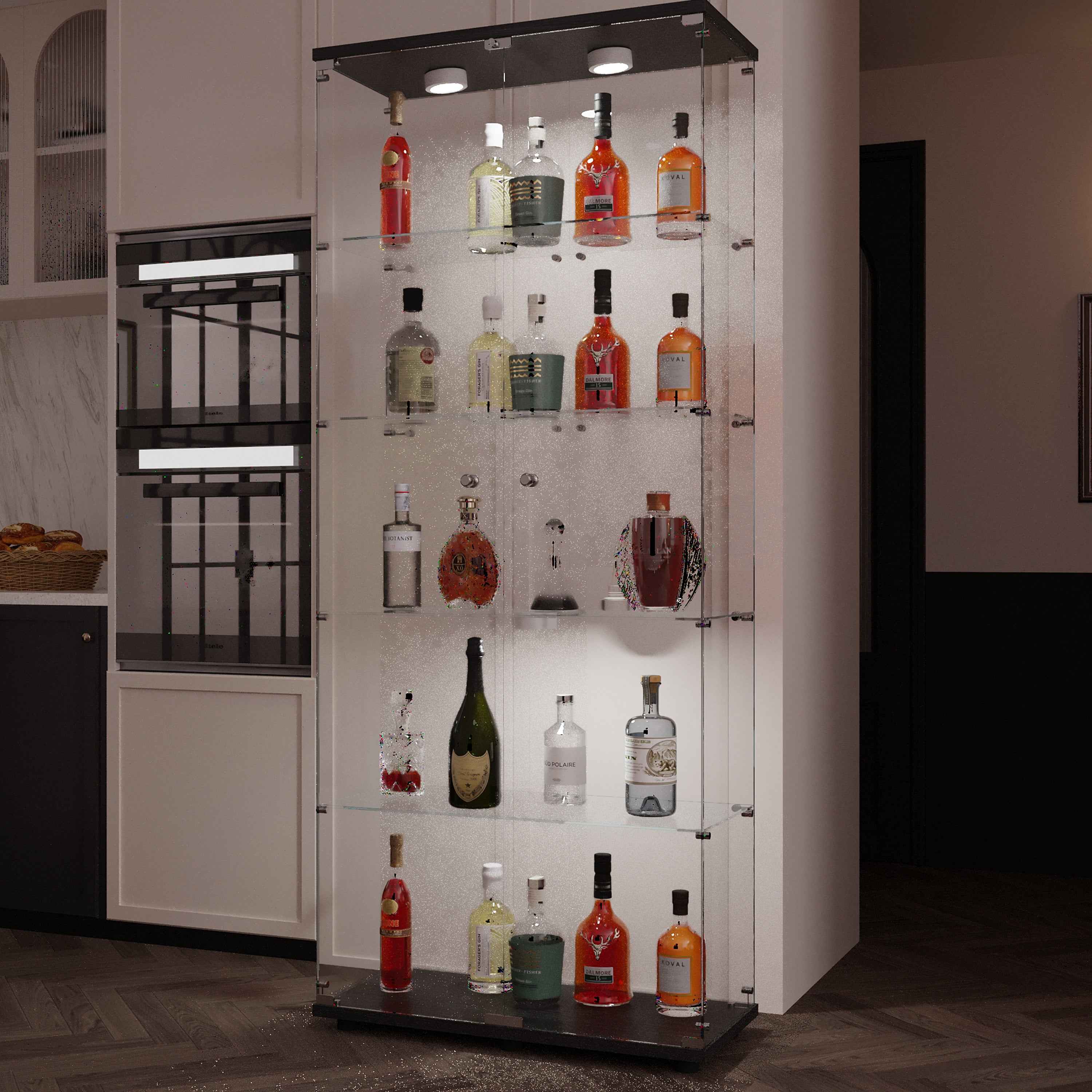 Tempered glass display cabinet,liquorcabinet,storagecabinet,filecabinet,with paipai lights,with locks,bottom equipped with adjustable feet,suitable for uneven,living room bedroom,corridor,office,black