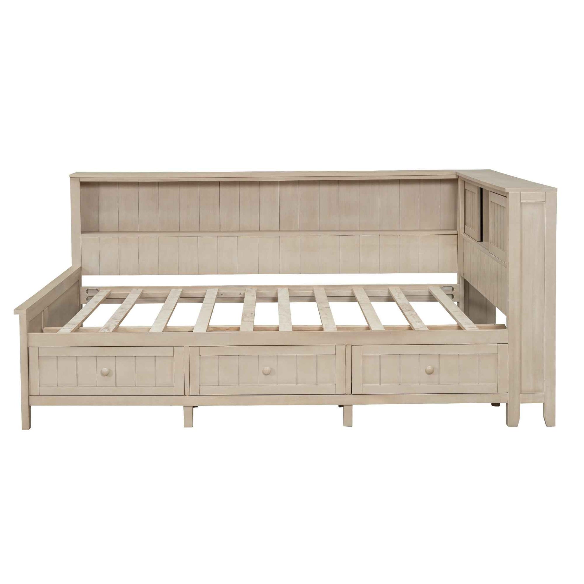 Full Size Wood Daybed with Storage Shelves and 3 Drawers in Antique White Milk Finish, Solid Pine Wood+MDF