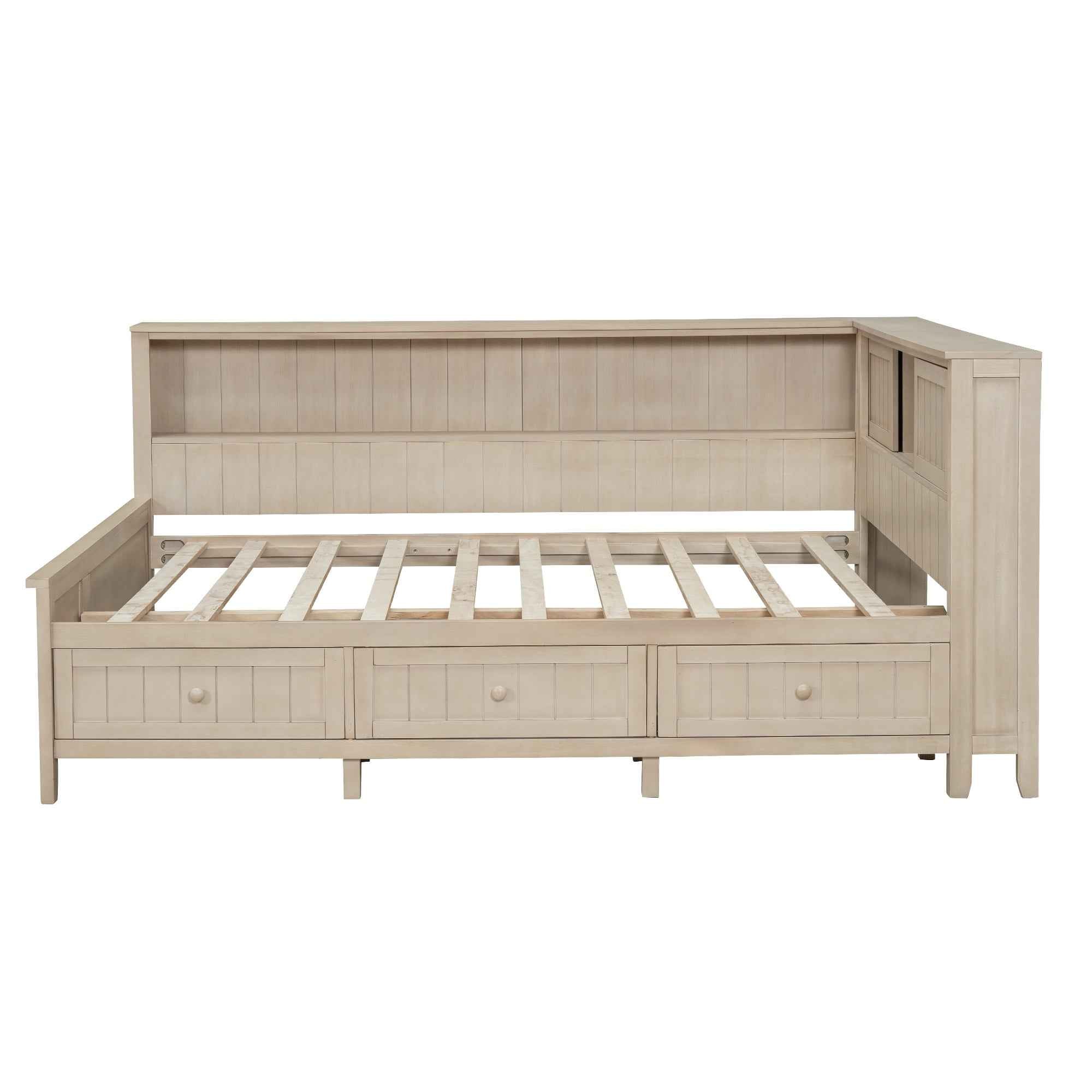 Full Size Wood Daybed with Storage Shelves and 3 Drawers in Antique White Milk Finish, Solid Pine Wood+MDF