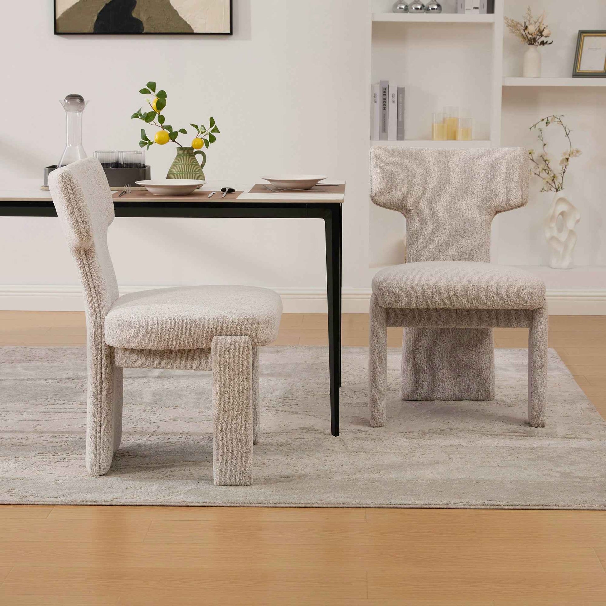 Modern Beige Chenille Dining Chair Set of 2 with Rubberwood Legs, Armless Curved Back Accent Chairs for Living Room Bedroom Restaurant Cafes Dining Room Reception, 22.05' Wide