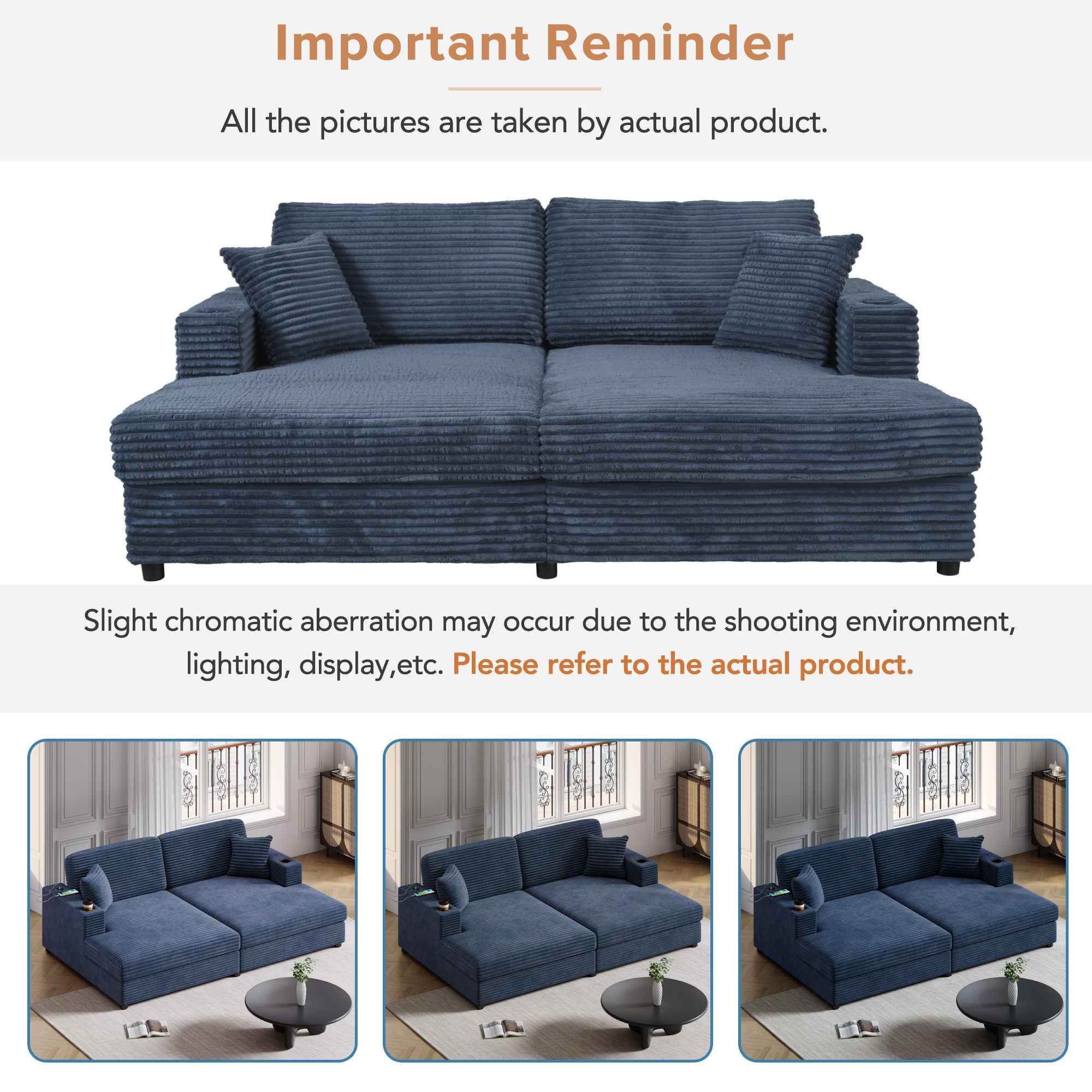 Oversized Loveseat Chaise Lounge Sectional Sofa Bed with USB Ports, Cup Holders, and Throw Pillows, Blue Corduroy