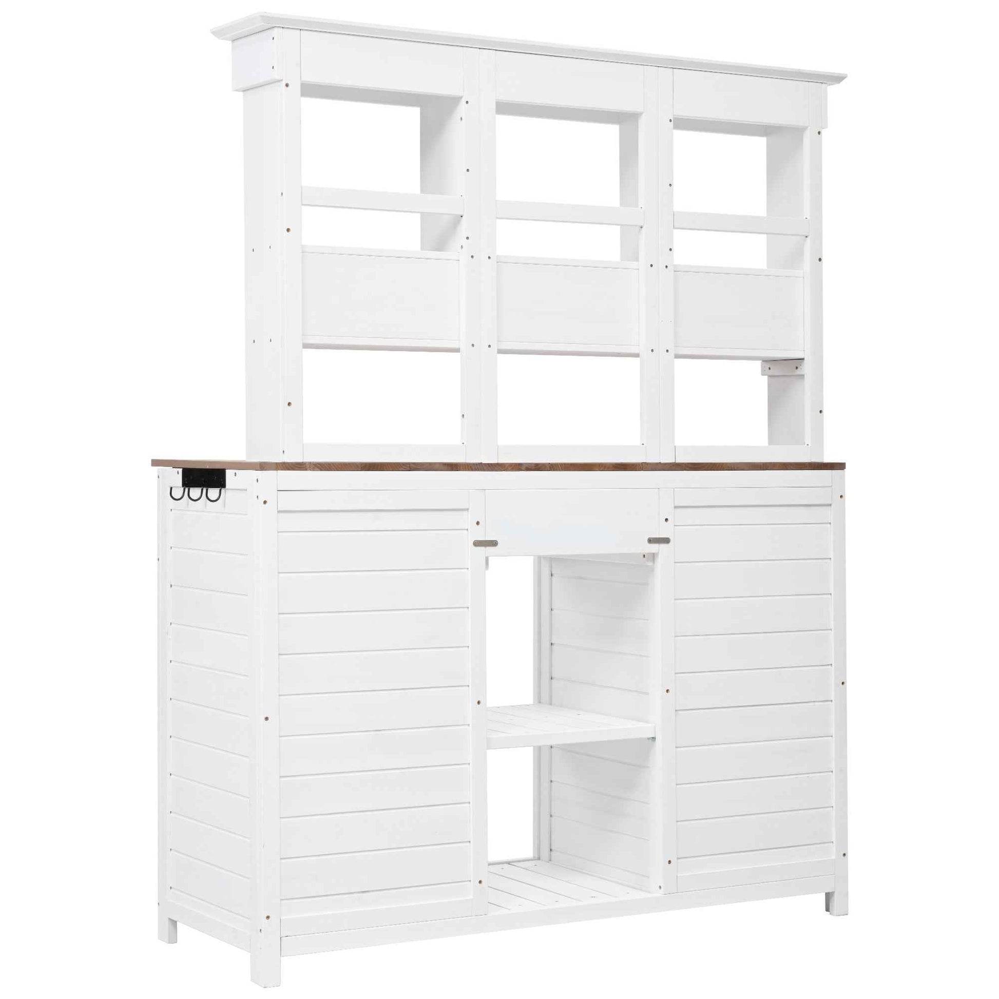 [Assembly Video Provided] TOPMAX 65.7'' H Tall Garden Potting Bench Table with Hutch,Patio Storage Workstation with 3 Shelves,6 Drawers,2 Bottom Cabinets&Side Hooks for Mudroom,Doorway, White