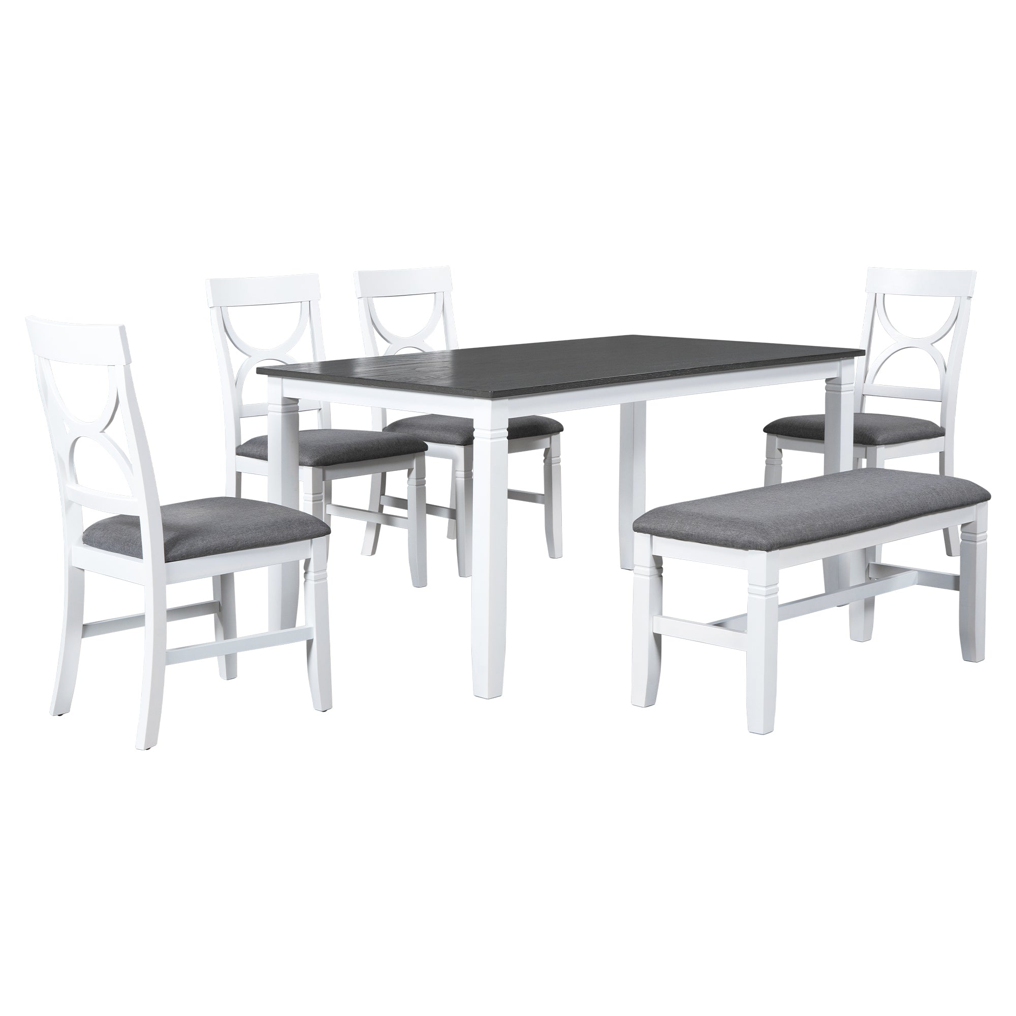 TOPMAX 6-Piece Wood Dining Table Set Kitchen Table Set with Upholstered Bench and 4 Dining Chairs, Farmhouse Style,Gray+White