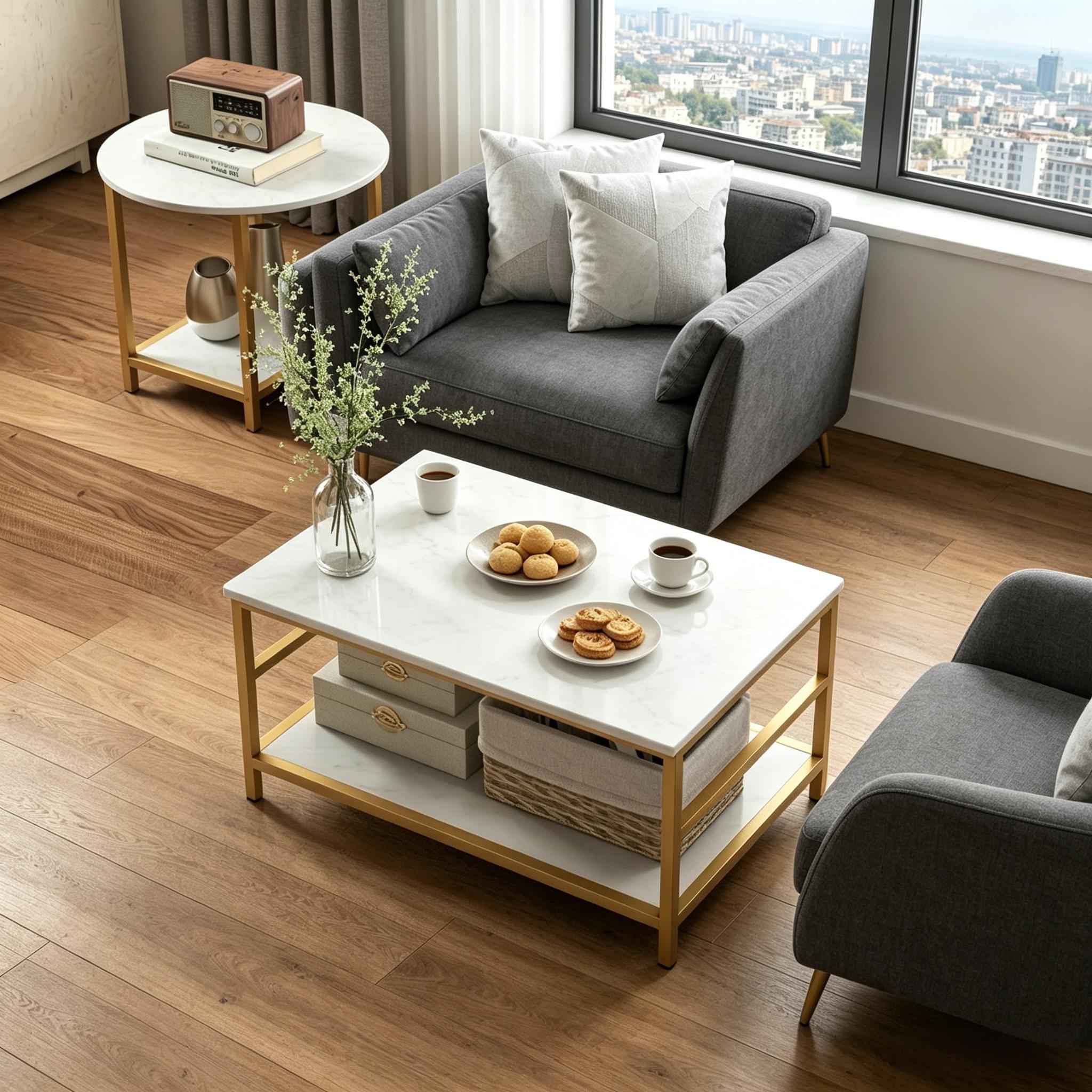 Chic Living Room Table Set,Side Table Set,Coffee Table Set,Snack Table Set(Only 1pcs Rectangle Table and 1pcs Round Table)