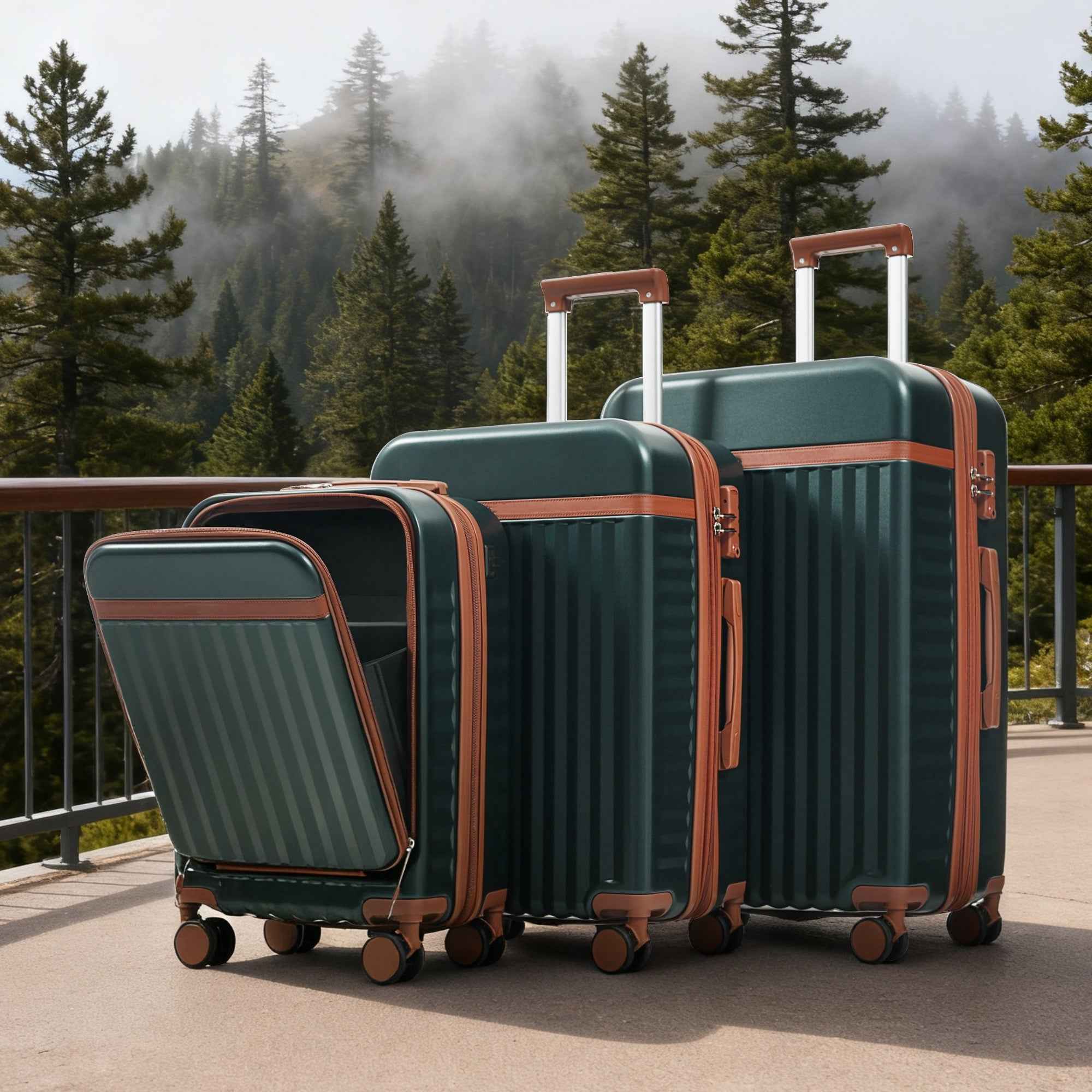 Luggage Set of 3, 20inch with USB Port, front opening design Airline Certified Carry on Luggage, ABS Hard Shell Luggage with Spinner Wheels,Dark Green