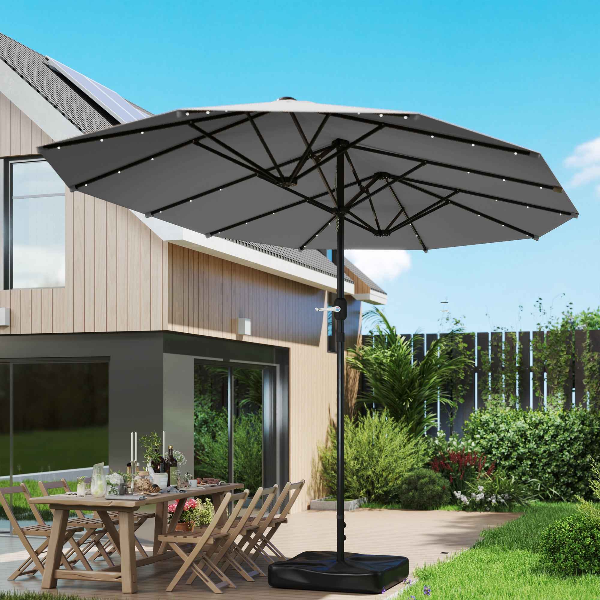 Outsunny Double-Sided Sun Umbrella, Outdoor Garden Parasol, Patio Sun Shade with LED Solar Light, Sand Base, Gray