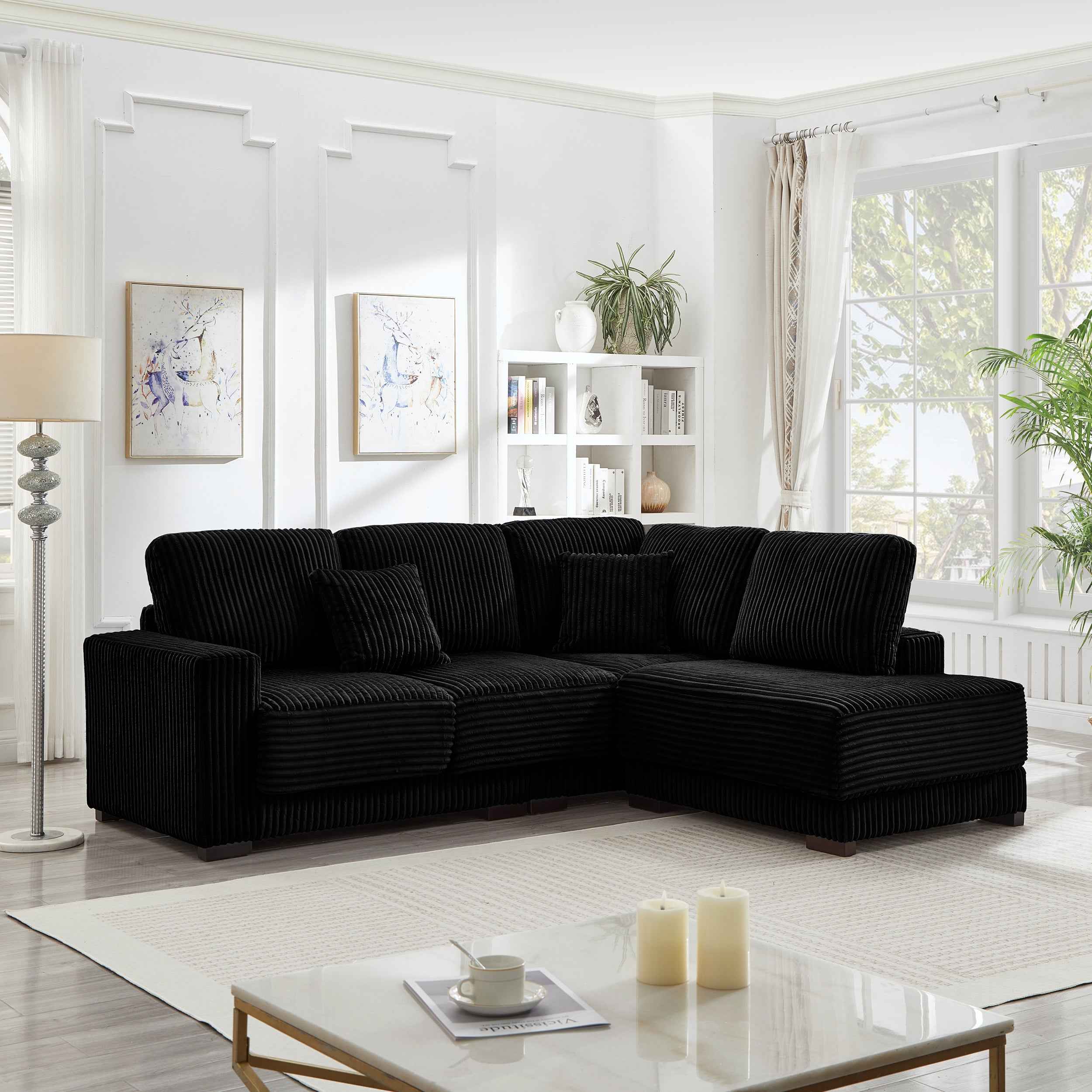 93' Sectional Sofa, L Shaped Sofa Couch with Reversible Chaise Lounge, Upholstered Soft Corduroy Couch for Living Room, Apartment (Black)