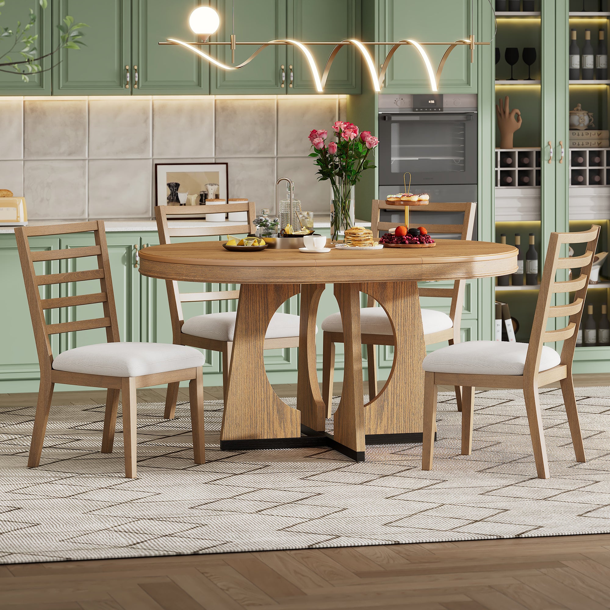 TREXM 5-Piece Retro Rustic Functional Dining Set Unique Geometric Design, 1 Extendable Table with a 16-inch Leaf and 4 Upholstered Chairs Ideal for Dining Room and Kitchen (Natural)