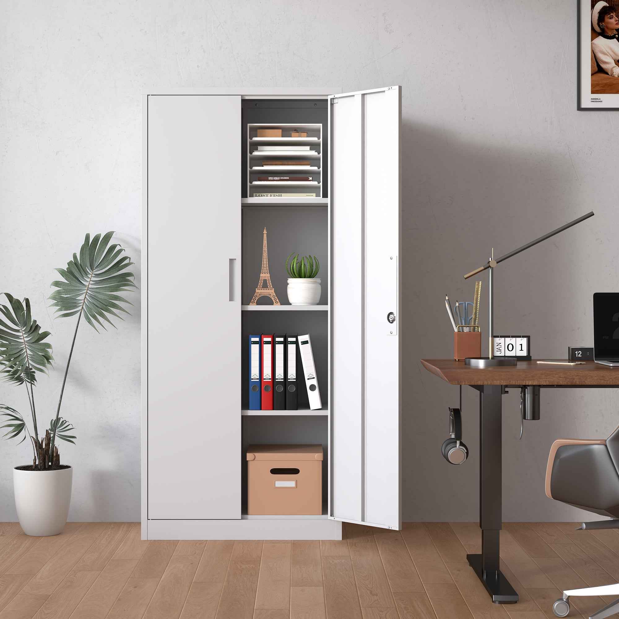 Heavy Duty Metal Garage Storage Cabinet, White Steel Locking Cabinet with Adjustable Shelves, 71'H