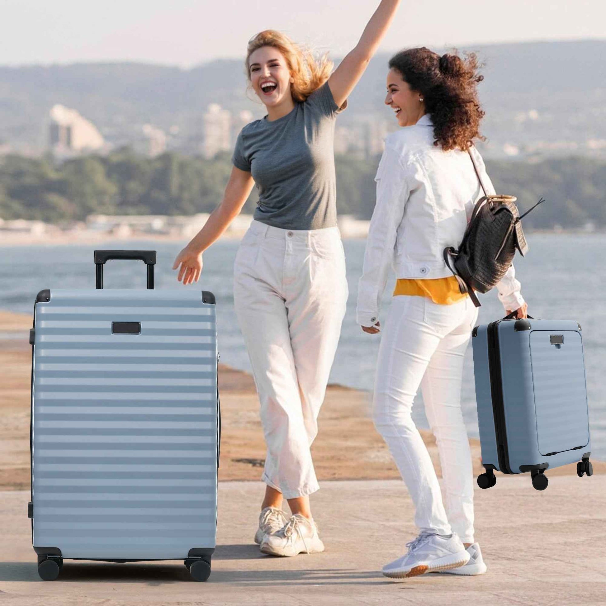 Luggage Sets 5 Piece with Front Opening , Hardside Expandable Carry on Suitcase with Spinner Wheels TSA Lock USB Port  Cup Holder Duffel Bag and Toiletry Bag