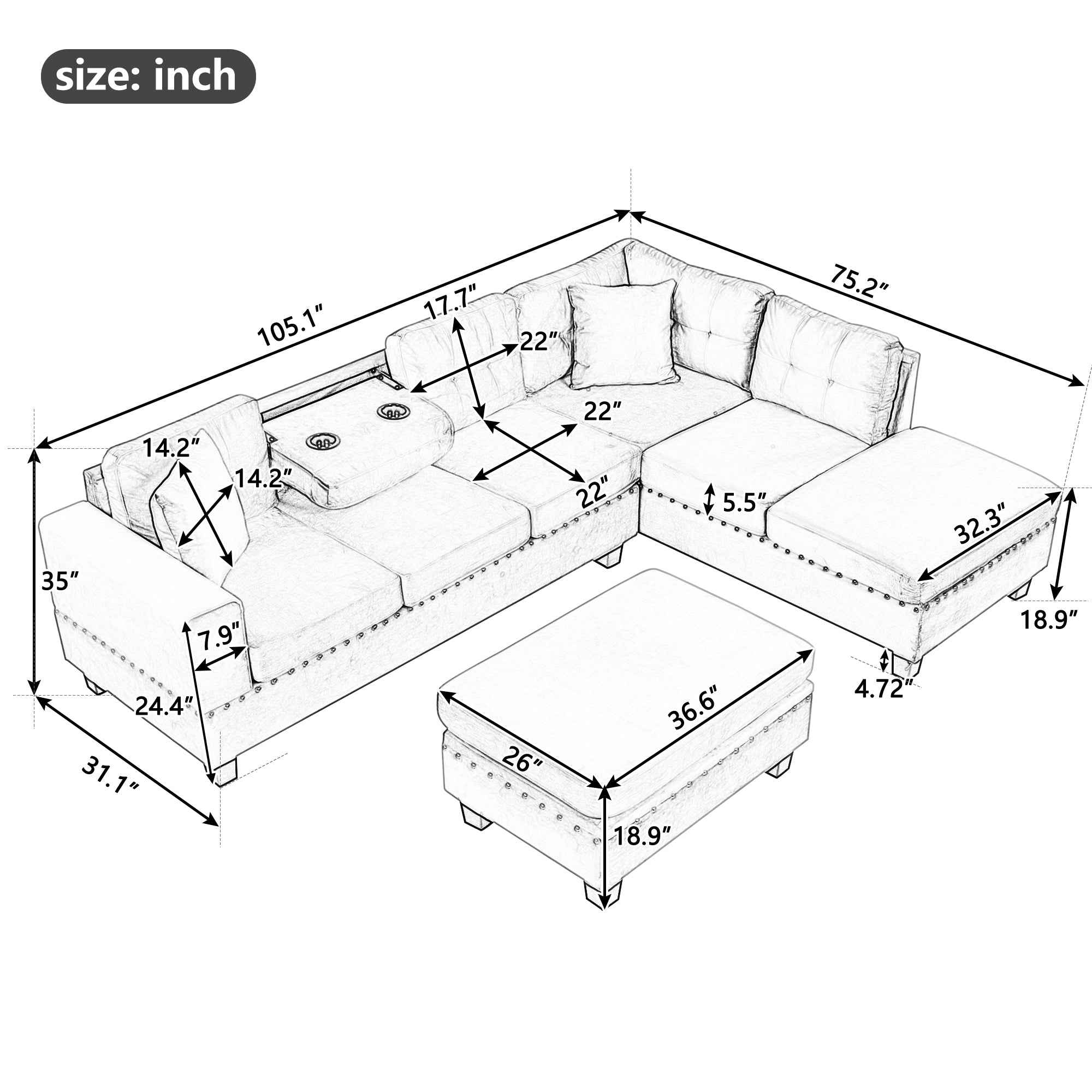 Modern Sectional Sofa with Storage Ottoman, L-Shape Couch with 2 Pillows and Cup Holders, Black Velvet, 105'