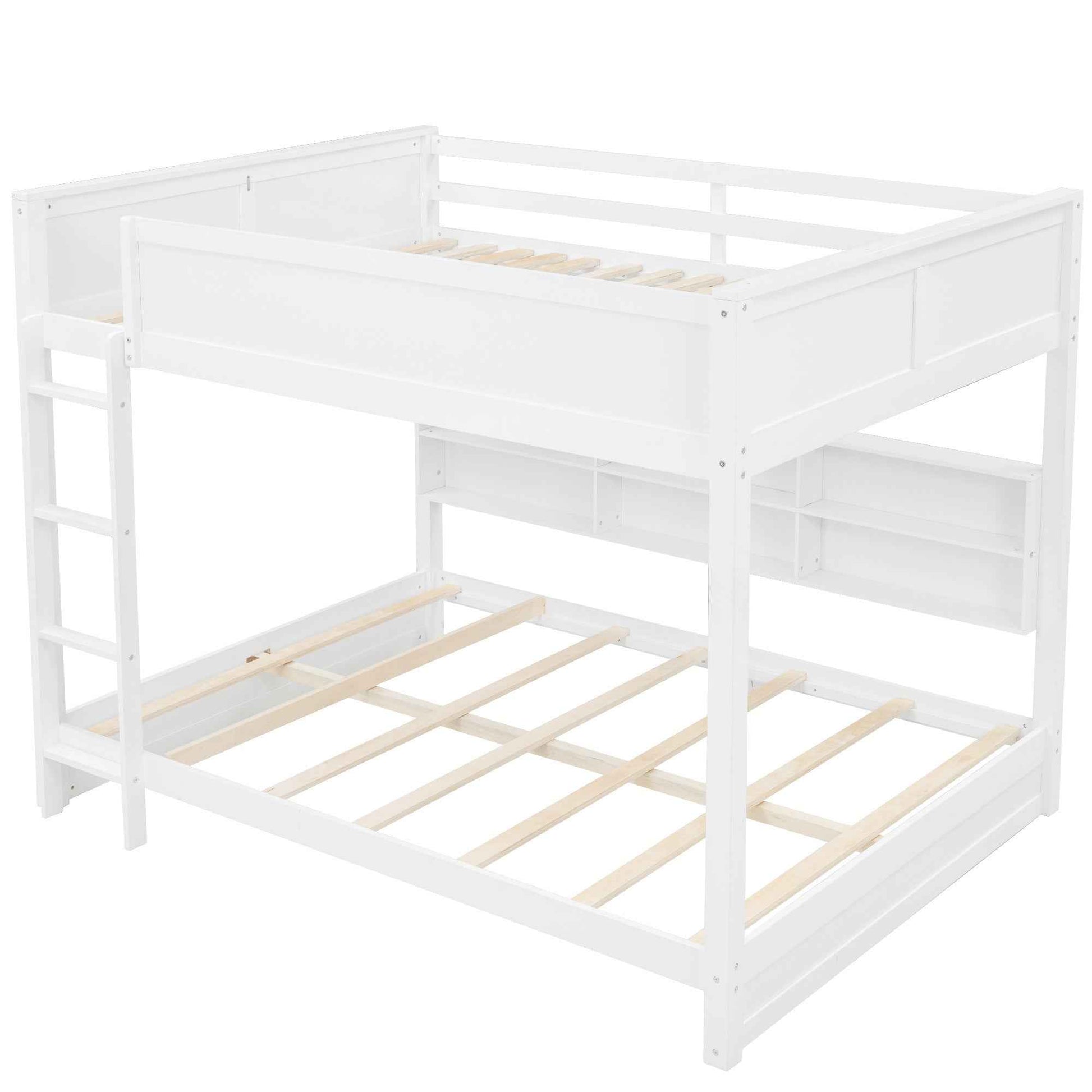White Queen over Queen Bunk Bed with Storage Cabinets and USB Ports, Pine Wood+MDF