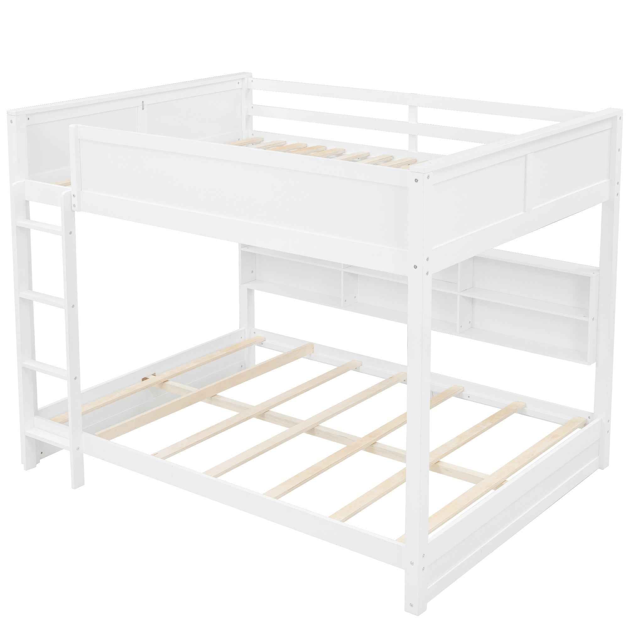 White Queen over Queen Bunk Bed with Storage Cabinets and USB Ports, Pine Wood+MDF