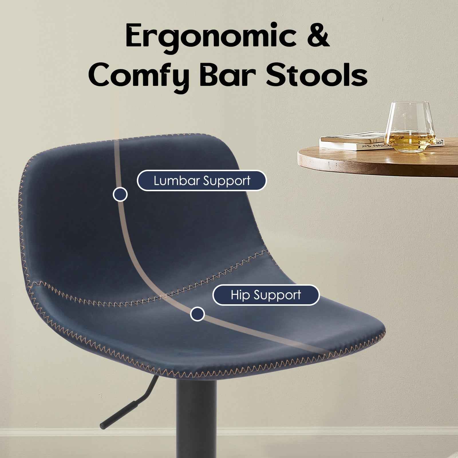 Adjustable Bar Stools Set of 2, Mid Century Modern Swivel Bar Stools, Industrial Bar Height Stools With Back Support Counter Height Bar Chairs Pu Leather Bar Stool for Kitchen Island Rustic Barstools