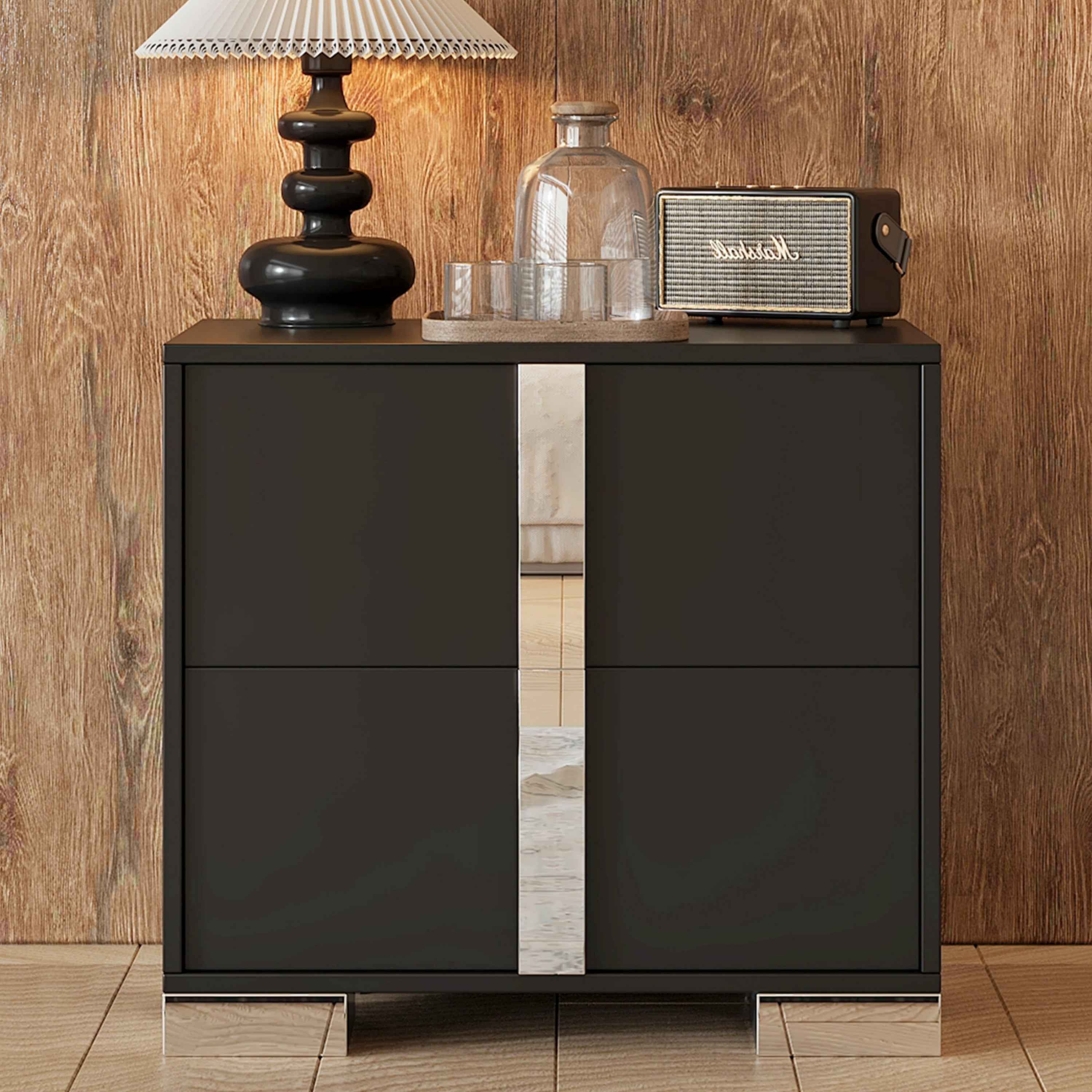 Elegant Nightstand with Metal Foot, Mirrored Bedside Table with 2 Drawers for Bedroom, Living Room, Black