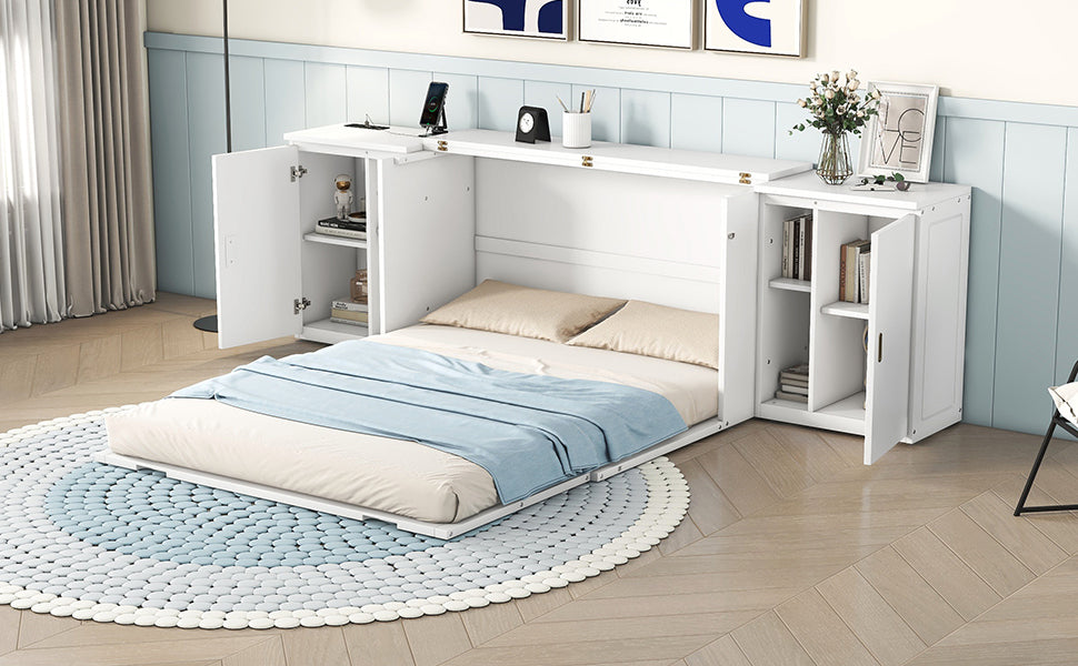 Queen Size Murphy Bed with Shelves, Cabinets and USB Ports,White