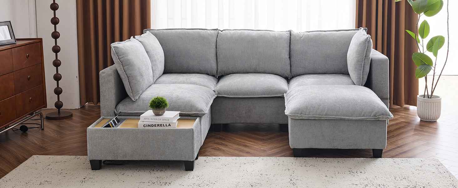 Modular 90' U-shaped Sectional Sofa with Movable Ottoman and Hidden Charging Coffee Table, Grey, Chenille