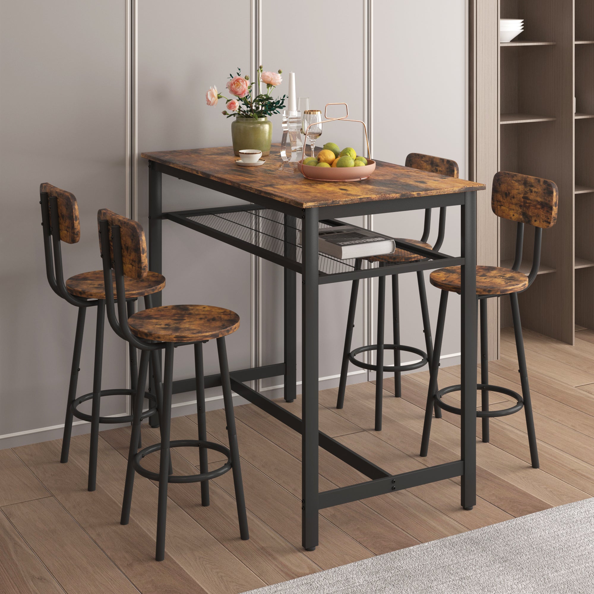 5-Piece Kitchen Counter Height Table Set, Bar Table with 4 Chairs