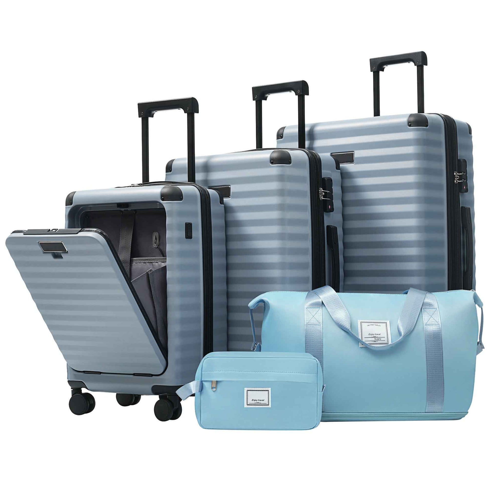 Luggage Sets 5 Piece with Front Opening , Hardside Expandable Carry on Suitcase with Spinner Wheels TSA Lock USB Port  Cup Holder Duffel Bag and Toiletry Bag