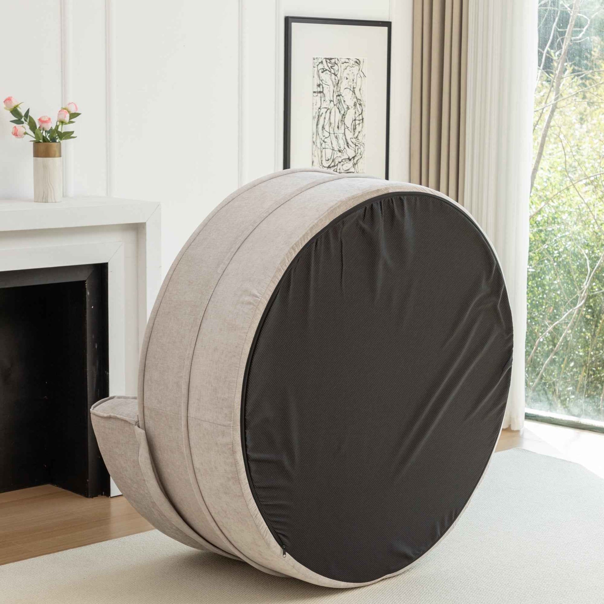 Modern Oversized  Gray Round Barrel Accent Chair with Ottoman – Velvet Upholstered Lounge Armchair with 5 Pillows for Living Room or Bedroom