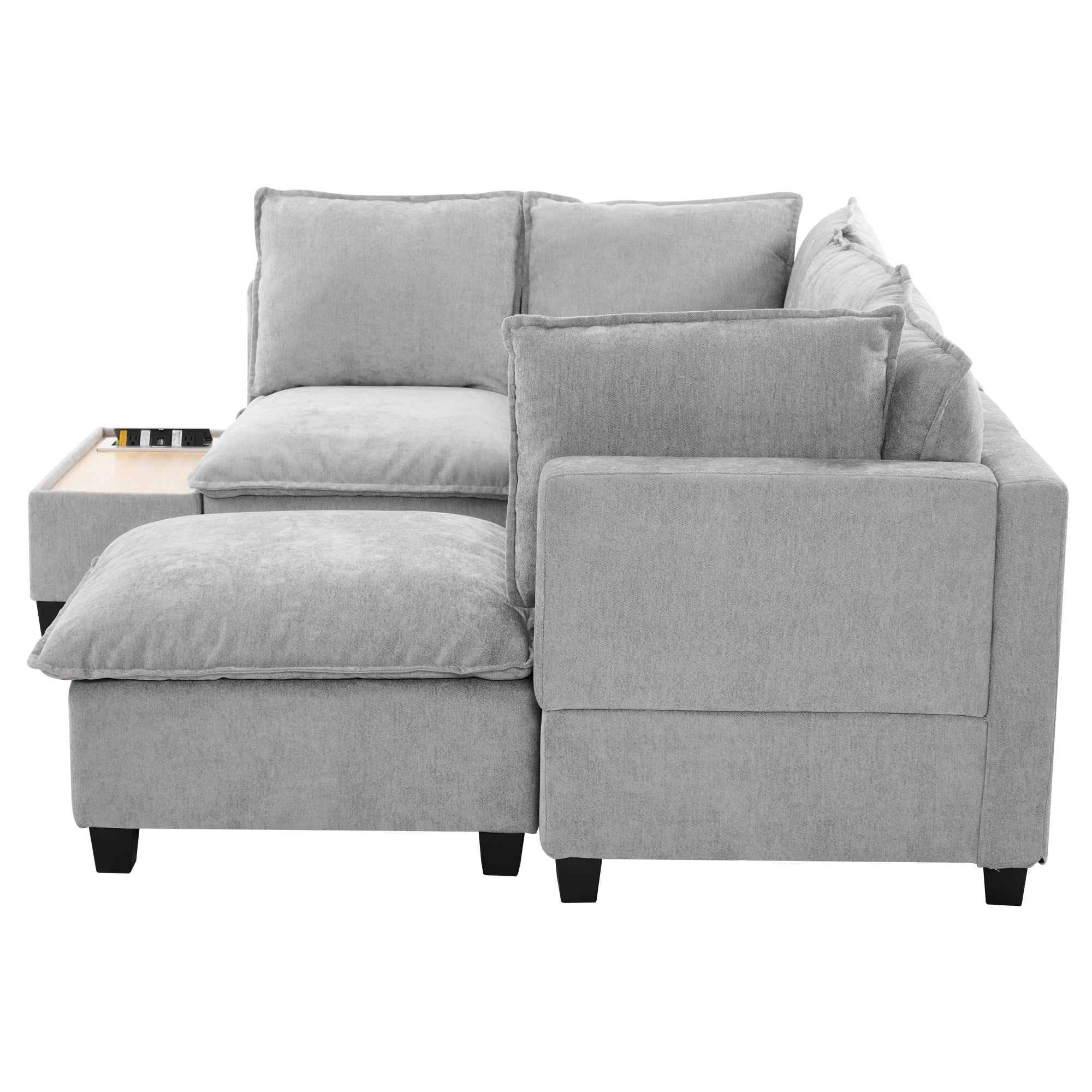Modular 90' U-shaped Sectional Sofa with Movable Ottoman and Hidden Charging Coffee Table, Grey, Chenille
